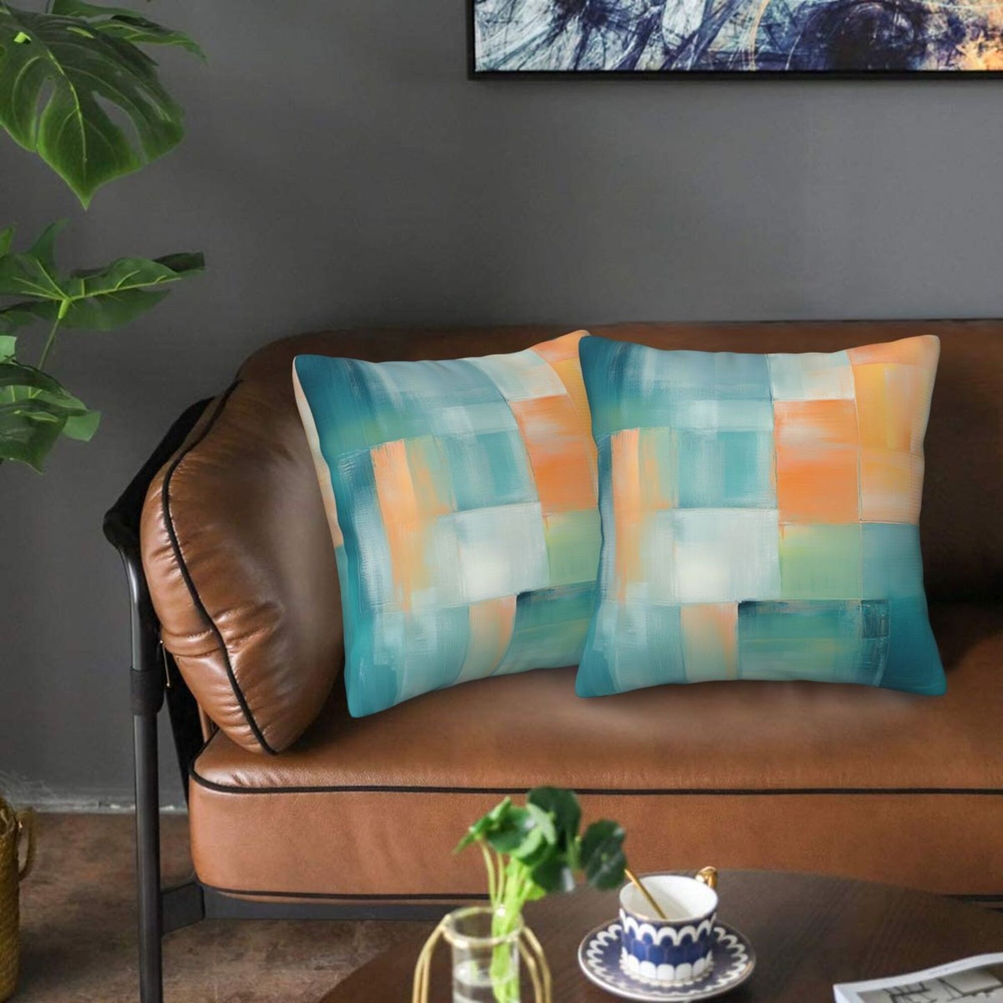 2-Pack 18x18 Inch Abstract Art Throw Pillow Covers | Modern Gradient Block Pattern Cushion Cases | Decorative Pillowcases for Sofa, Bedroom, Living Room