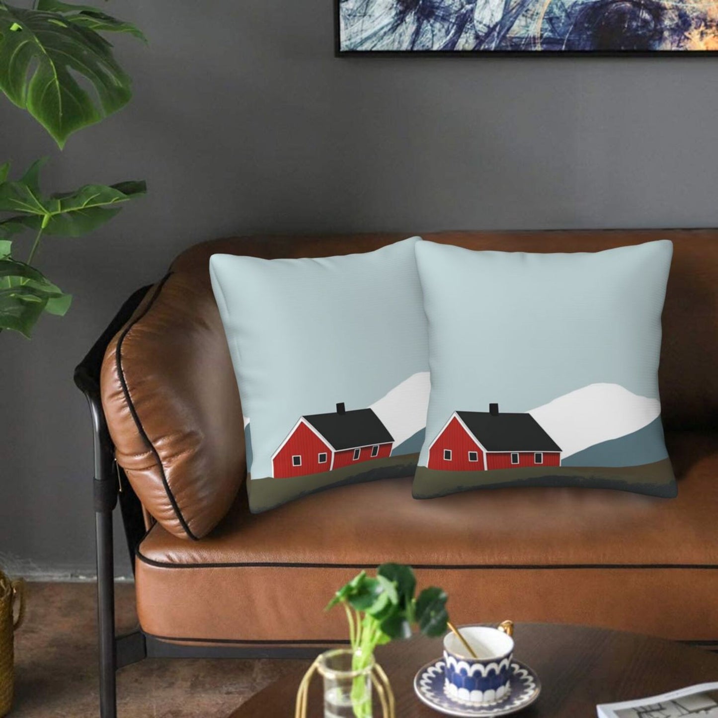 Set of 2 Minimalist Nordic Throw Pillow Covers – 18x18 Inch Red Cabin & Mountain Decorative Cushion Covers for Sofa, Bed, and Living Room (No Insert Included)