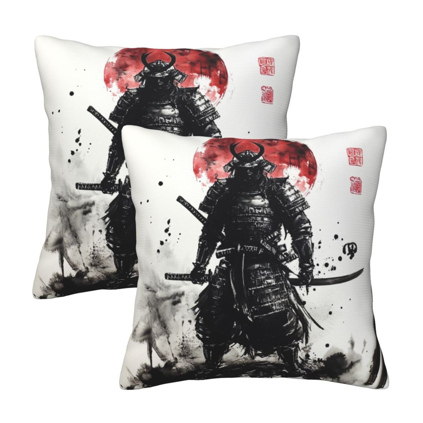 Set of 2 Samurai Ink Art Pillow Covers – 18x18 Inch Warrior Style Throw Pillowcases for Sofa, Bed or Studio (No Inserts)
