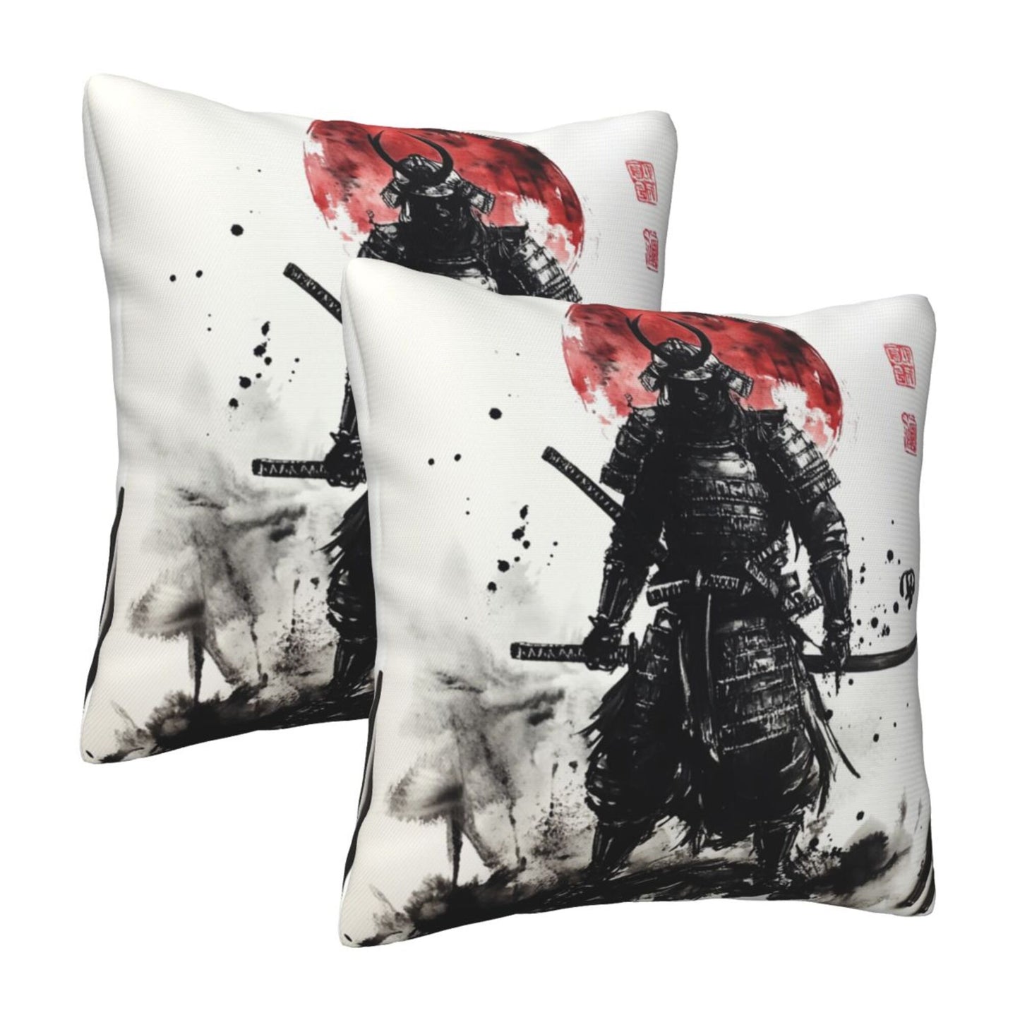 Set of 2 Samurai Ink Art Pillow Covers – 18x18 Inch Warrior Style Throw Pillowcases for Sofa, Bed or Studio (No Inserts)