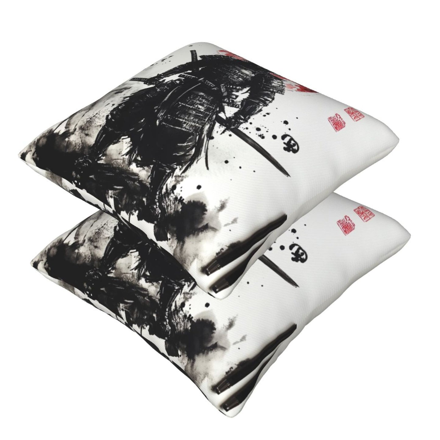 Set of 2 Samurai Ink Art Pillow Covers – 18x18 Inch Warrior Style Throw Pillowcases for Sofa, Bed or Studio (No Inserts)