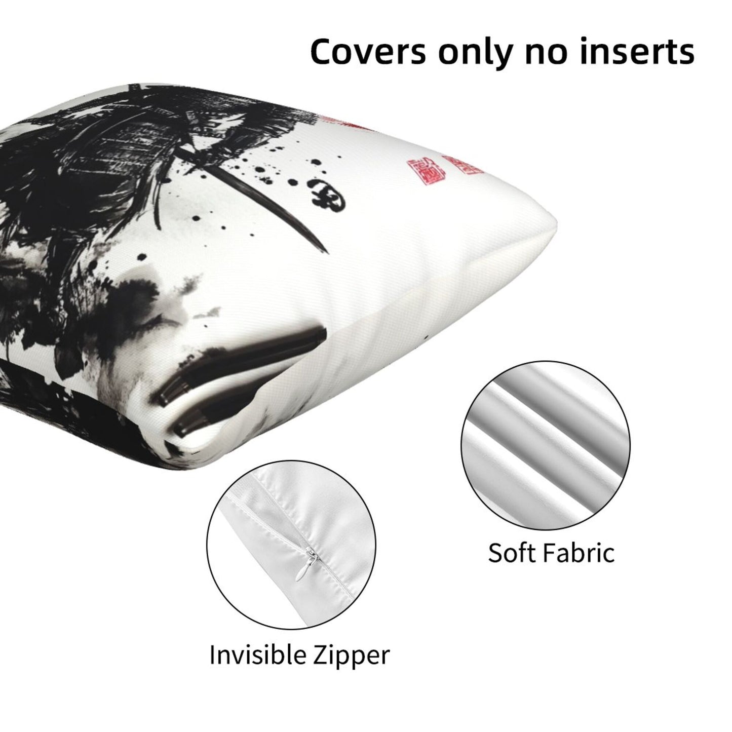 Set of 2 Samurai Ink Art Pillow Covers – 18x18 Inch Warrior Style Throw Pillowcases for Sofa, Bed or Studio (No Inserts)