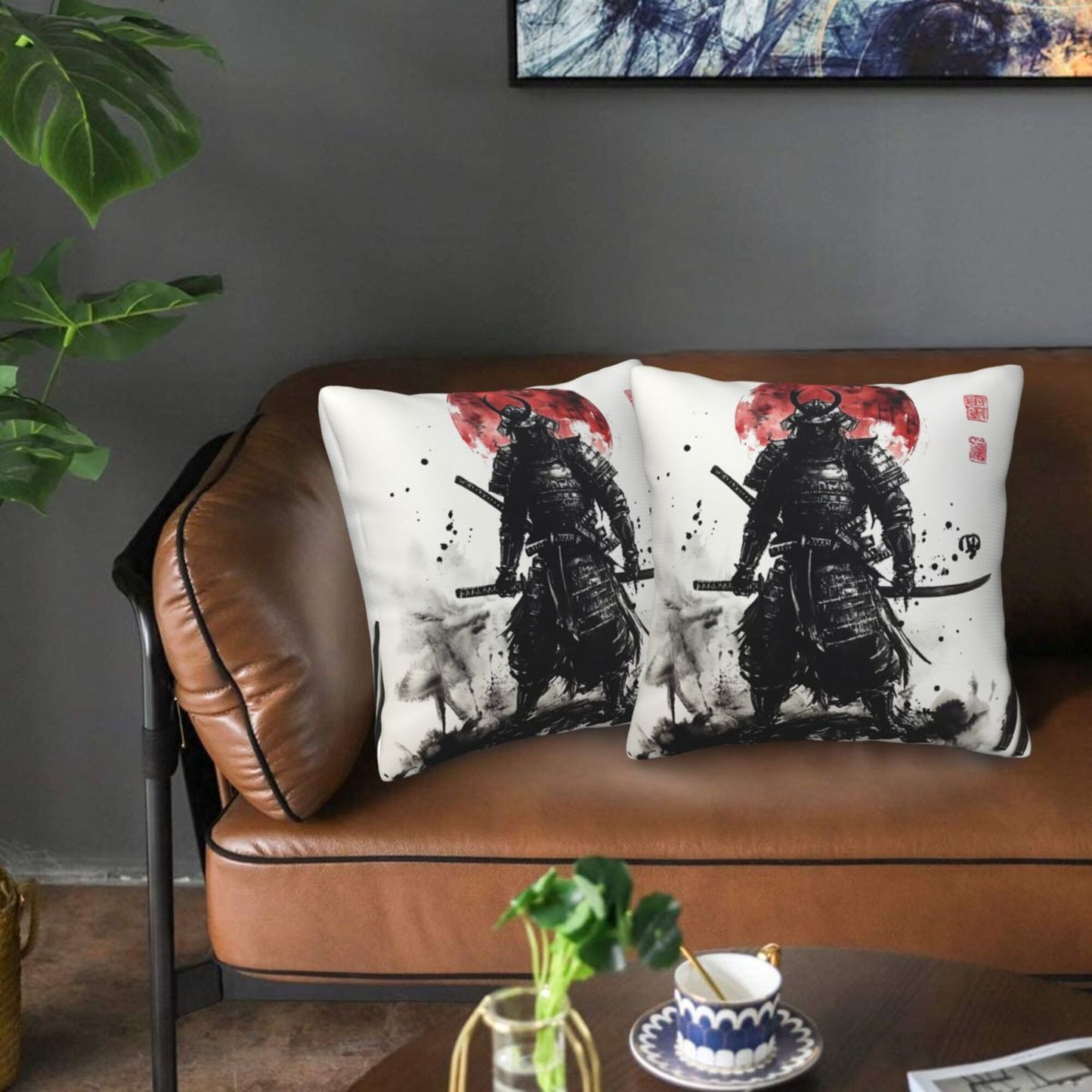 Set of 2 Samurai Ink Art Pillow Covers – 18x18 Inch Warrior Style Throw Pillowcases for Sofa, Bed or Studio (No Inserts)