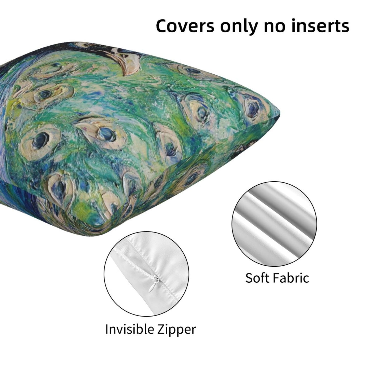 Set of 2 Peacock Oil Painting Style Pillow Covers – 18x18 Inches Elegant Artistic Throw Pillowcases for Sofa or Bed (No Inserts)