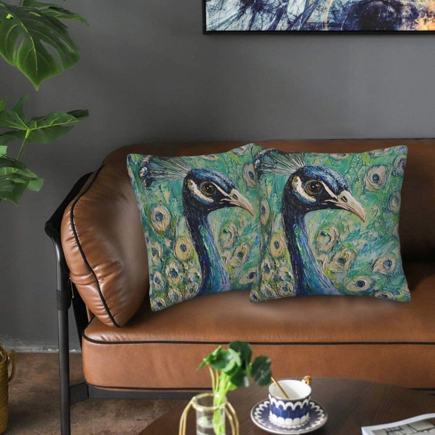 Set of 2 Peacock Oil Painting Style Pillow Covers – 18x18 Inches Elegant Artistic Throw Pillowcases for Sofa or Bed (No Inserts)