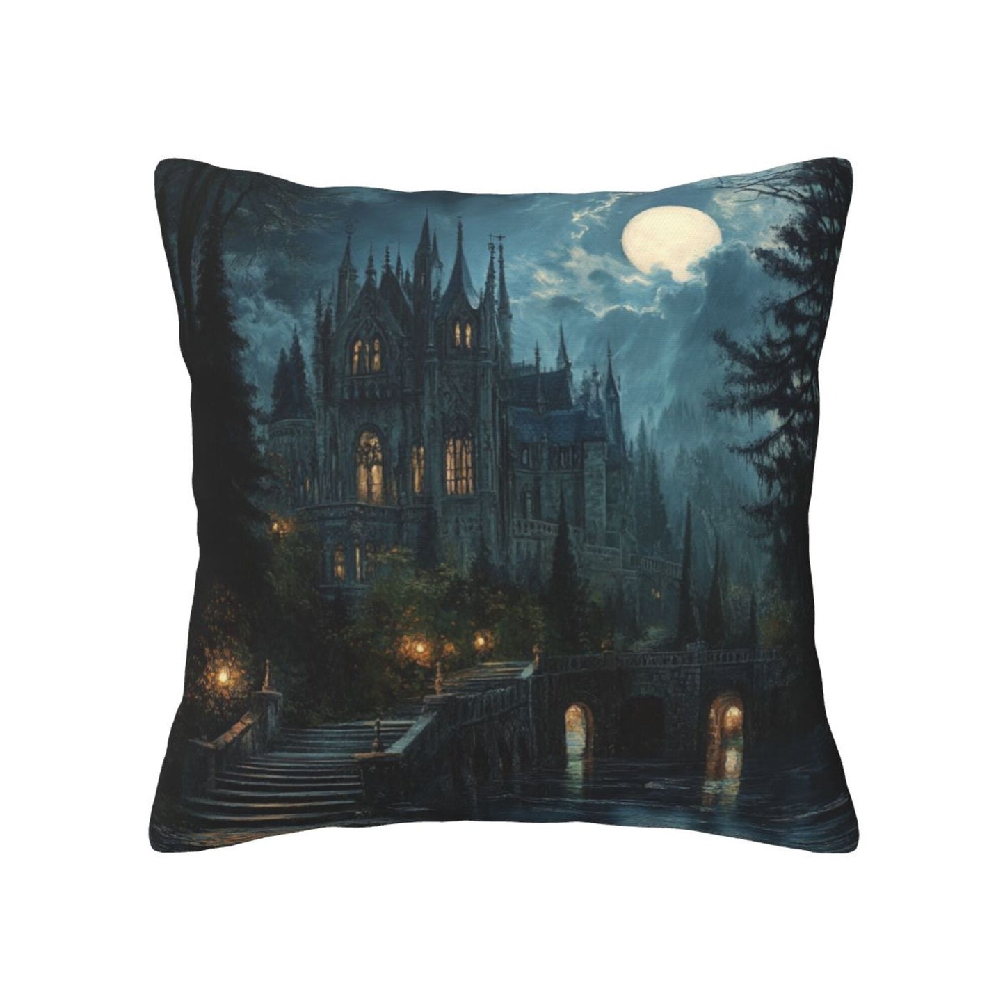 Set of 2 Gothic Castle Moonlight Pillow Covers – 18x18 Inches Dark Fantasy Decorative Cushion Cases (No Inserts)
