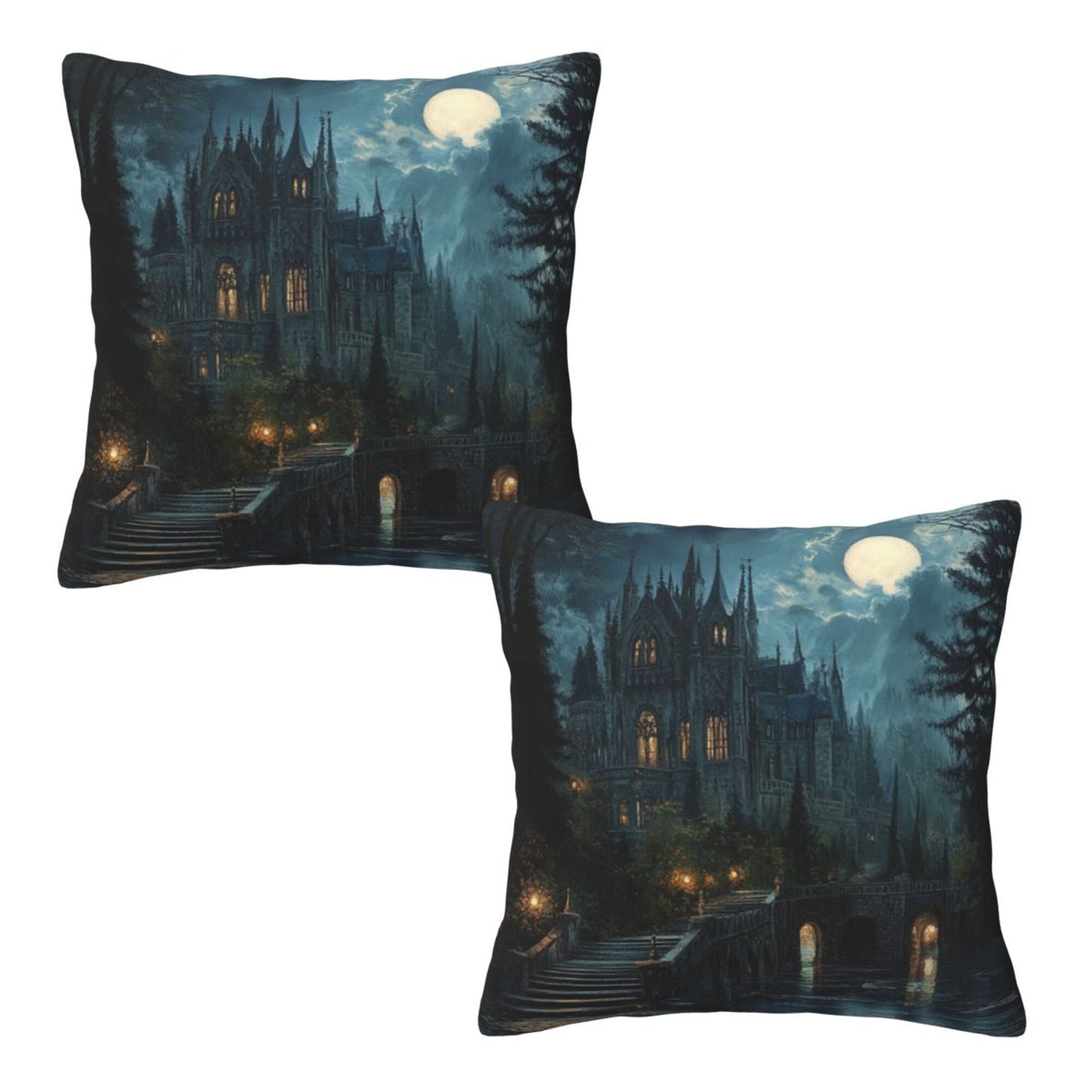 Set of 2 Gothic Castle Moonlight Pillow Covers – 18x18 Inches Dark Fantasy Decorative Cushion Cases (No Inserts)