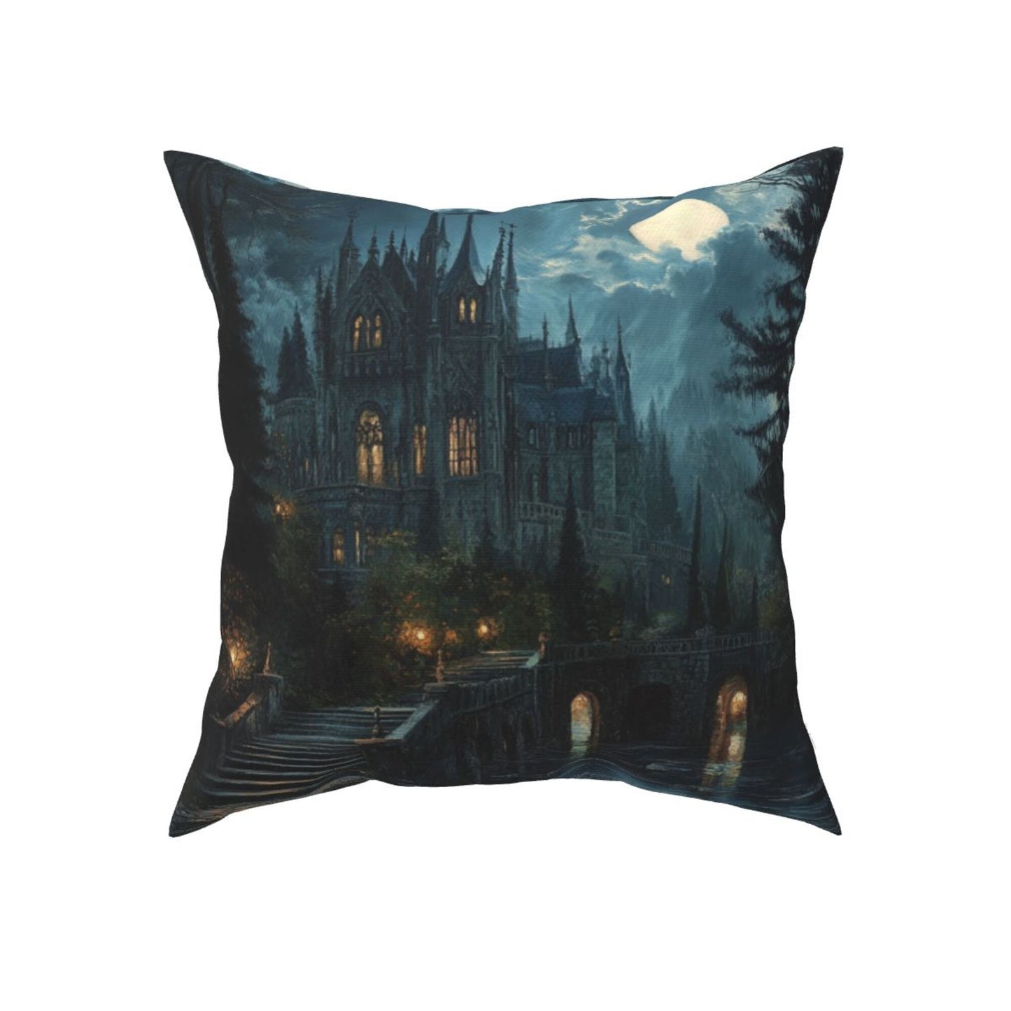 Set of 2 Gothic Castle Moonlight Pillow Covers – 18x18 Inches Dark Fantasy Decorative Cushion Cases (No Inserts)