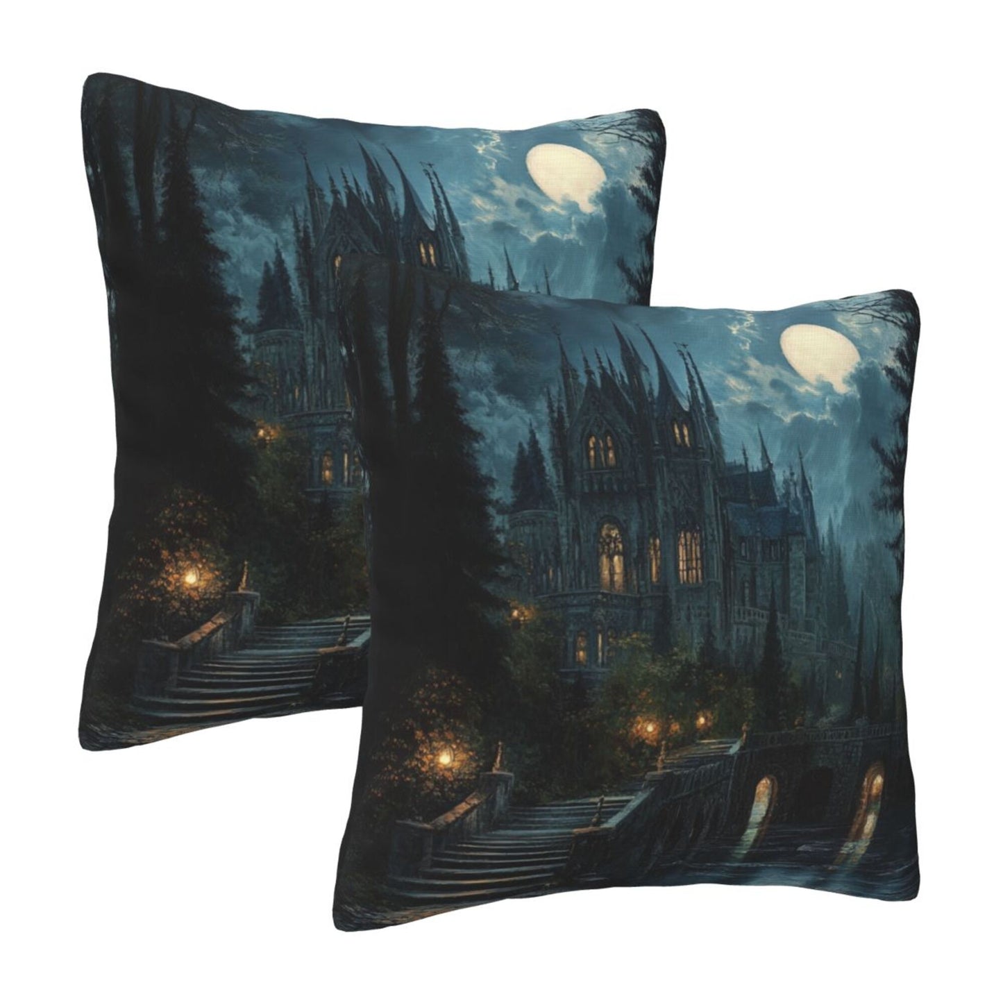 Set of 2 Gothic Castle Moonlight Pillow Covers – 18x18 Inches Dark Fantasy Decorative Cushion Cases (No Inserts)