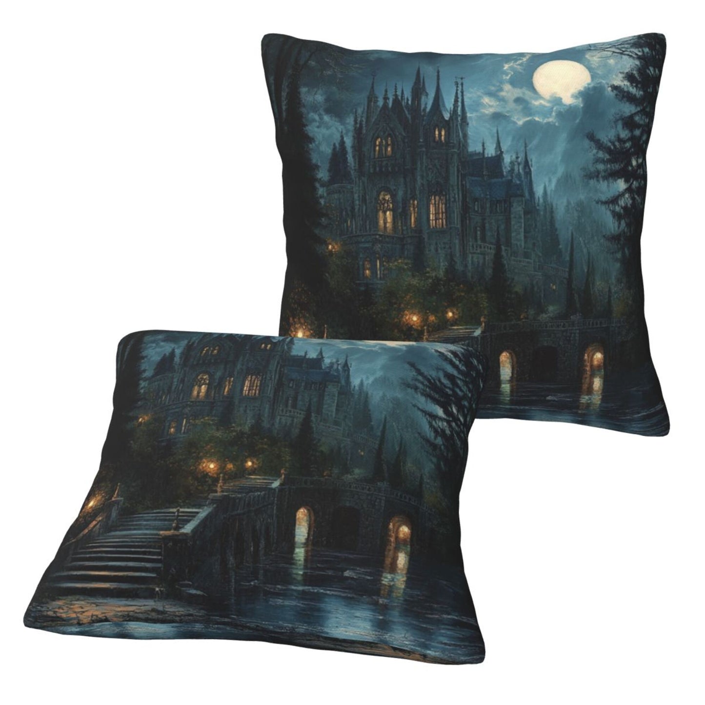 Set of 2 Gothic Castle Moonlight Pillow Covers – 18x18 Inches Dark Fantasy Decorative Cushion Cases (No Inserts)