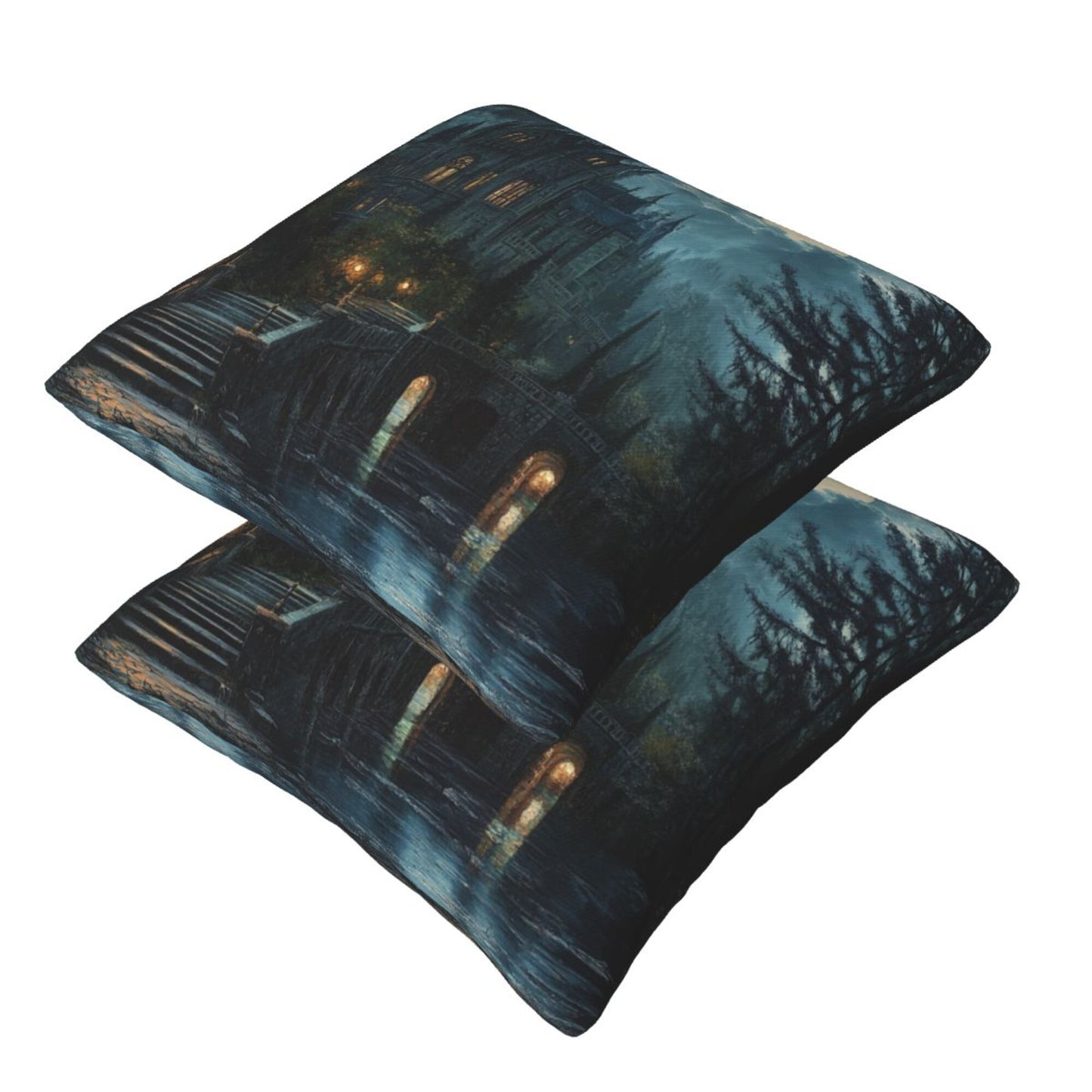 Set of 2 Gothic Castle Moonlight Pillow Covers – 18x18 Inches Dark Fantasy Decorative Cushion Cases (No Inserts)