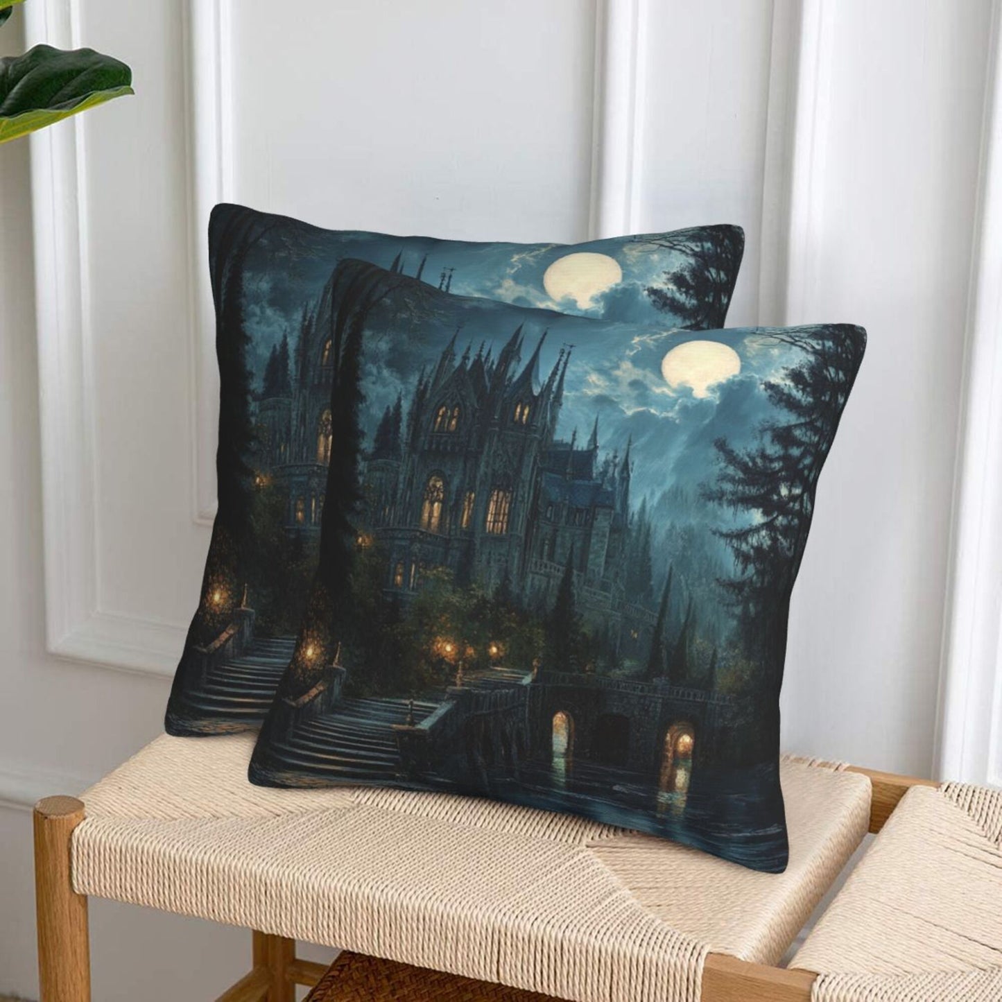 Set of 2 Gothic Castle Moonlight Pillow Covers – 18x18 Inches Dark Fantasy Decorative Cushion Cases (No Inserts)