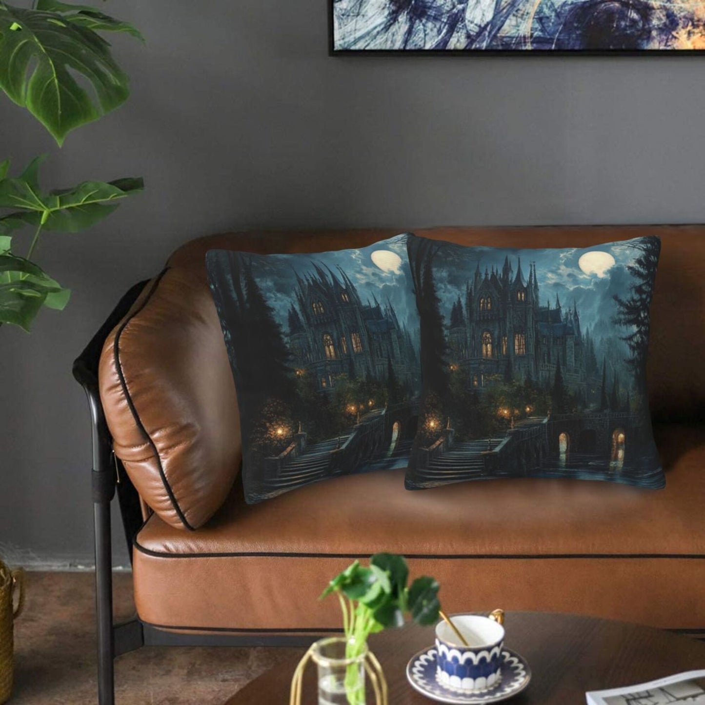 Set of 2 Gothic Castle Moonlight Pillow Covers – 18x18 Inches Dark Fantasy Decorative Cushion Cases (No Inserts)