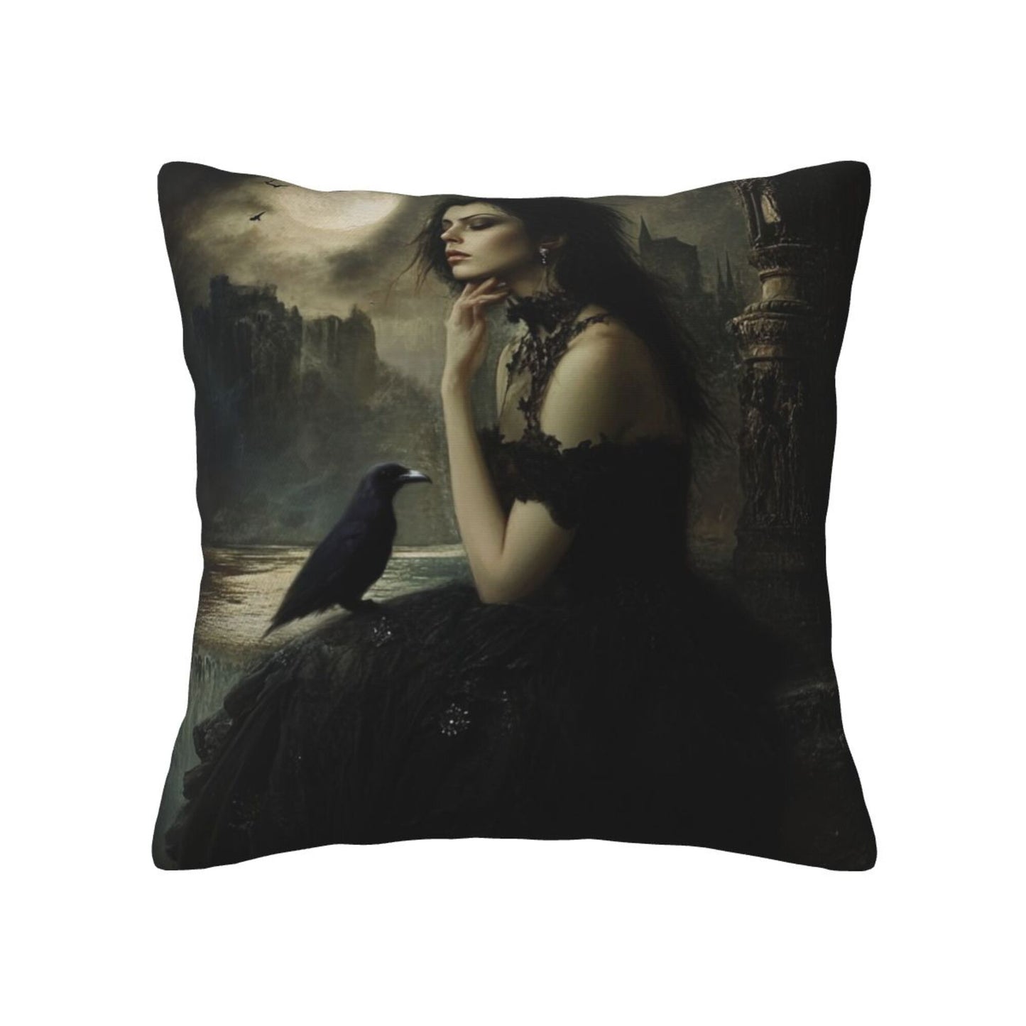 Set of 2 Gothic Witch Pillow Covers – 18x18 Inch Dark Fantasy Lady with Raven Decorative Throw Pillowcases (No Inserts)