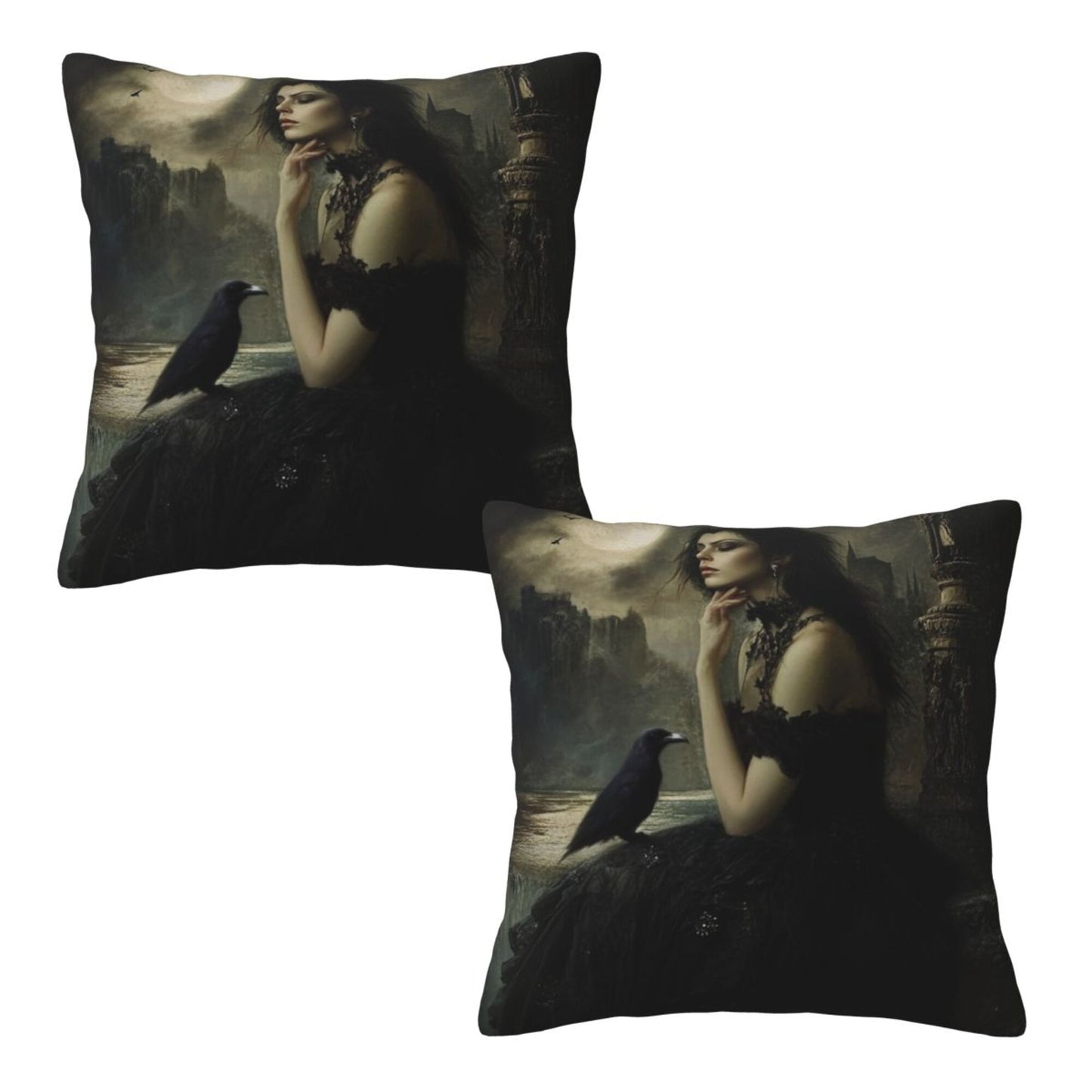 Set of 2 Gothic Witch Pillow Covers – 18x18 Inch Dark Fantasy Lady with Raven Decorative Throw Pillowcases (No Inserts)