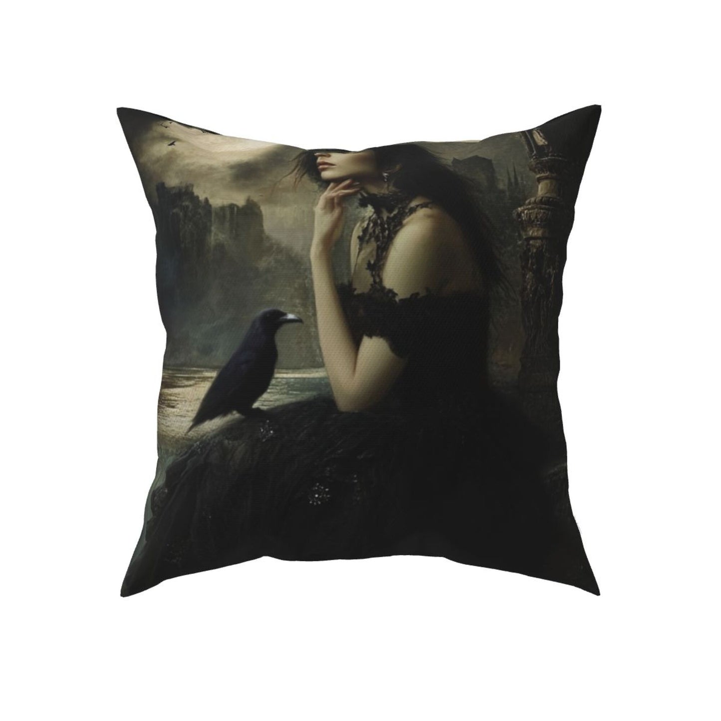 Set of 2 Gothic Witch Pillow Covers – 18x18 Inch Dark Fantasy Lady with Raven Decorative Throw Pillowcases (No Inserts)
