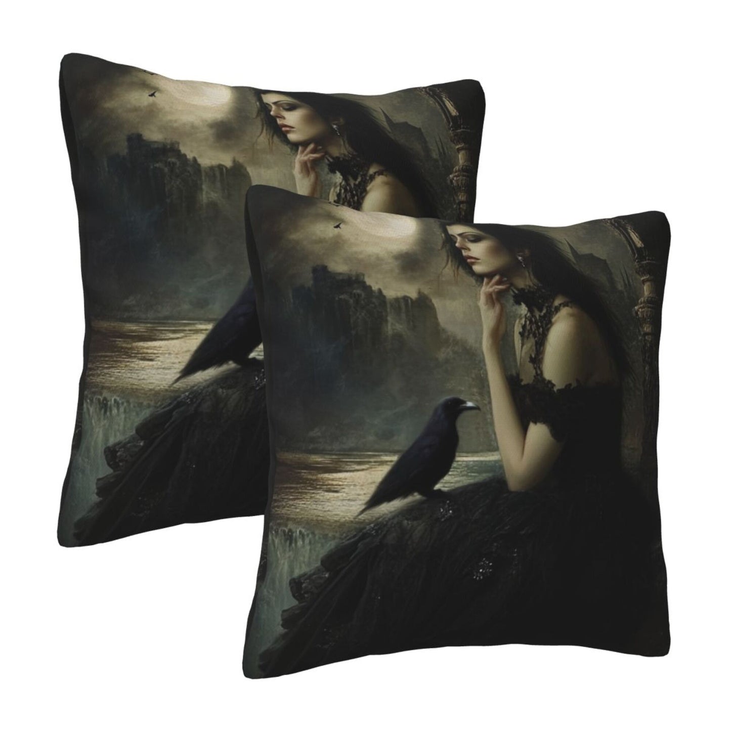 Set of 2 Gothic Witch Pillow Covers – 18x18 Inch Dark Fantasy Lady with Raven Decorative Throw Pillowcases (No Inserts)