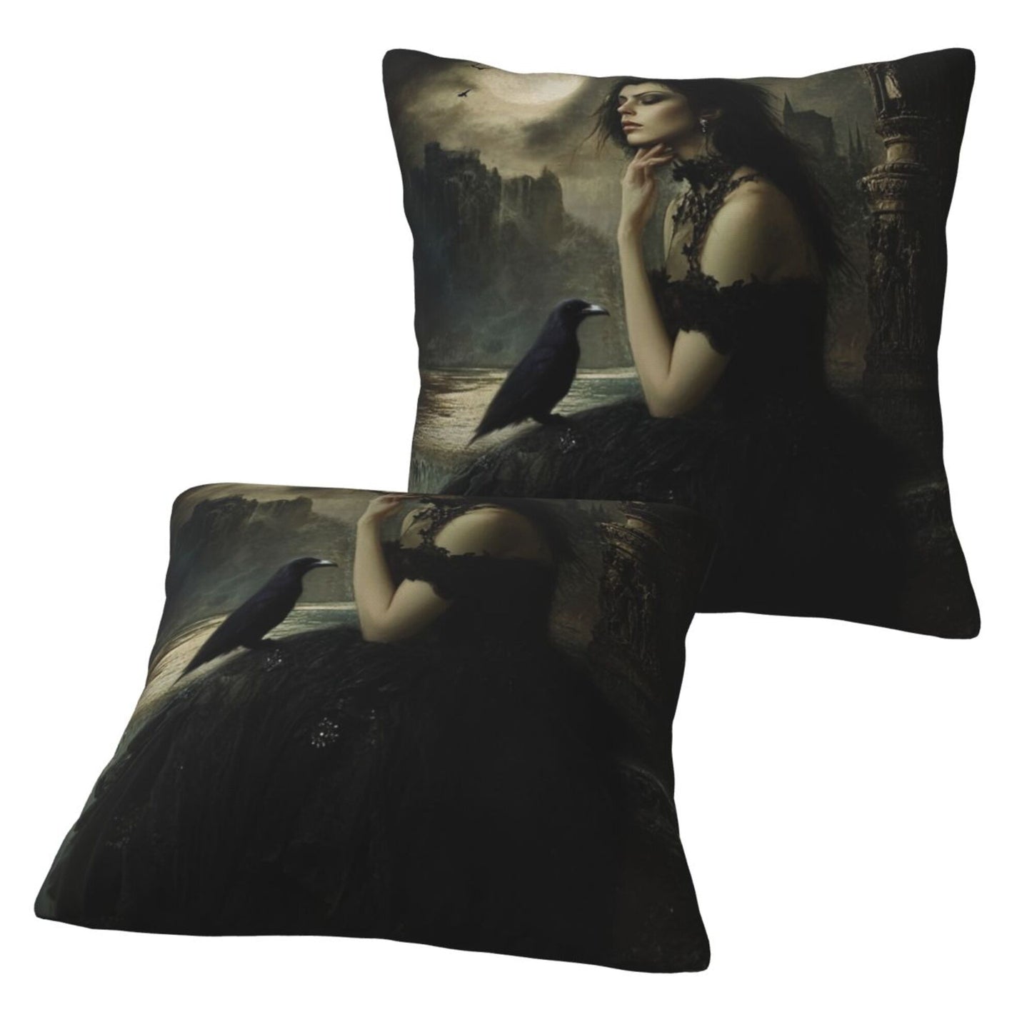 Set of 2 Gothic Witch Pillow Covers – 18x18 Inch Dark Fantasy Lady with Raven Decorative Throw Pillowcases (No Inserts)