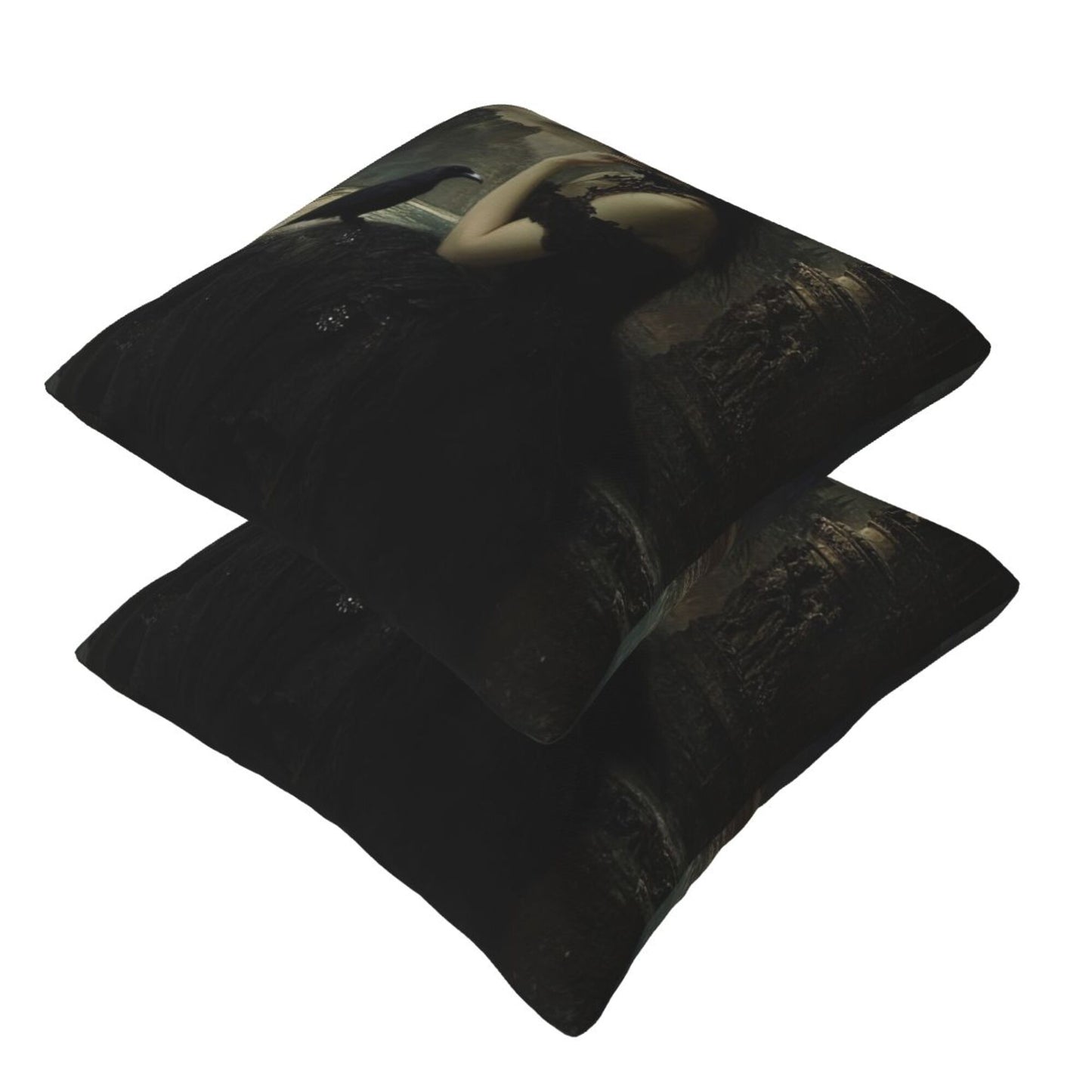 Set of 2 Gothic Witch Pillow Covers – 18x18 Inch Dark Fantasy Lady with Raven Decorative Throw Pillowcases (No Inserts)