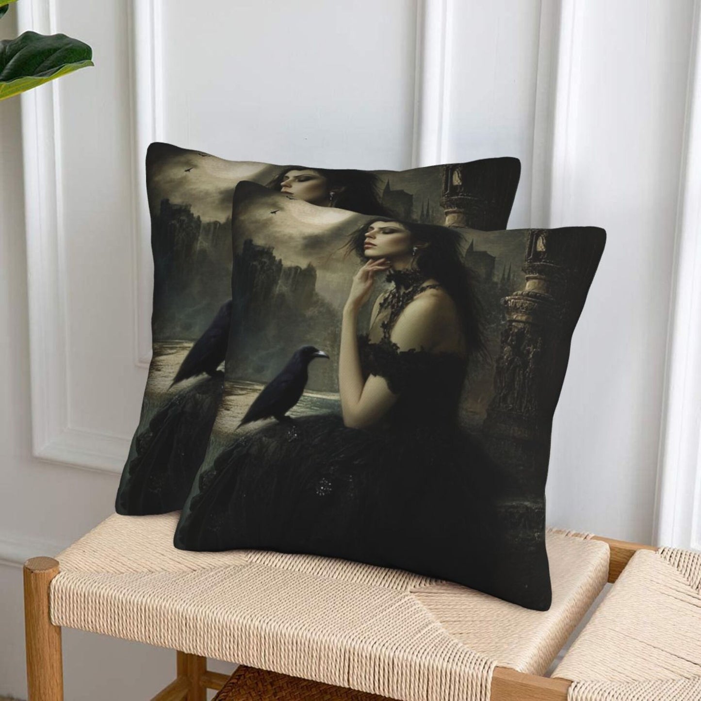 Set of 2 Gothic Witch Pillow Covers – 18x18 Inch Dark Fantasy Lady with Raven Decorative Throw Pillowcases (No Inserts)