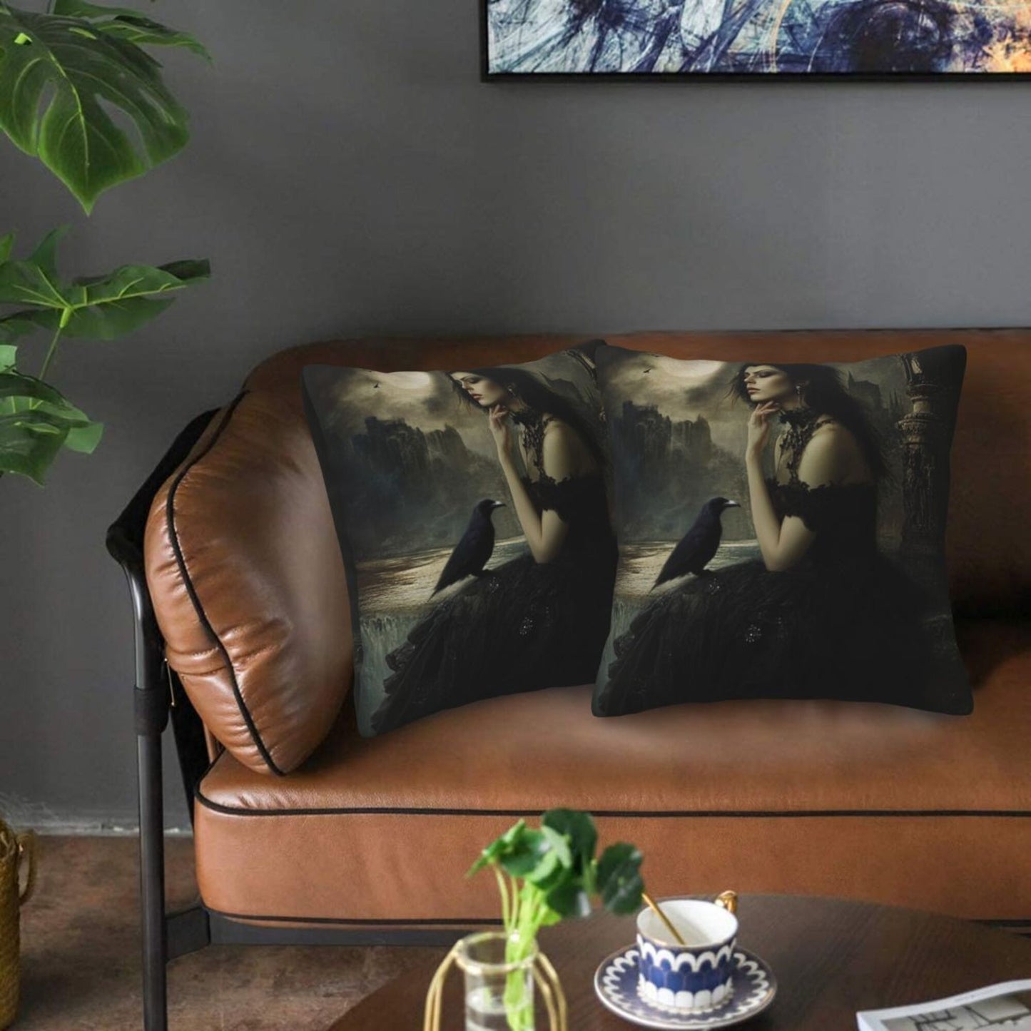 Set of 2 Gothic Witch Pillow Covers – 18x18 Inch Dark Fantasy Lady with Raven Decorative Throw Pillowcases (No Inserts)