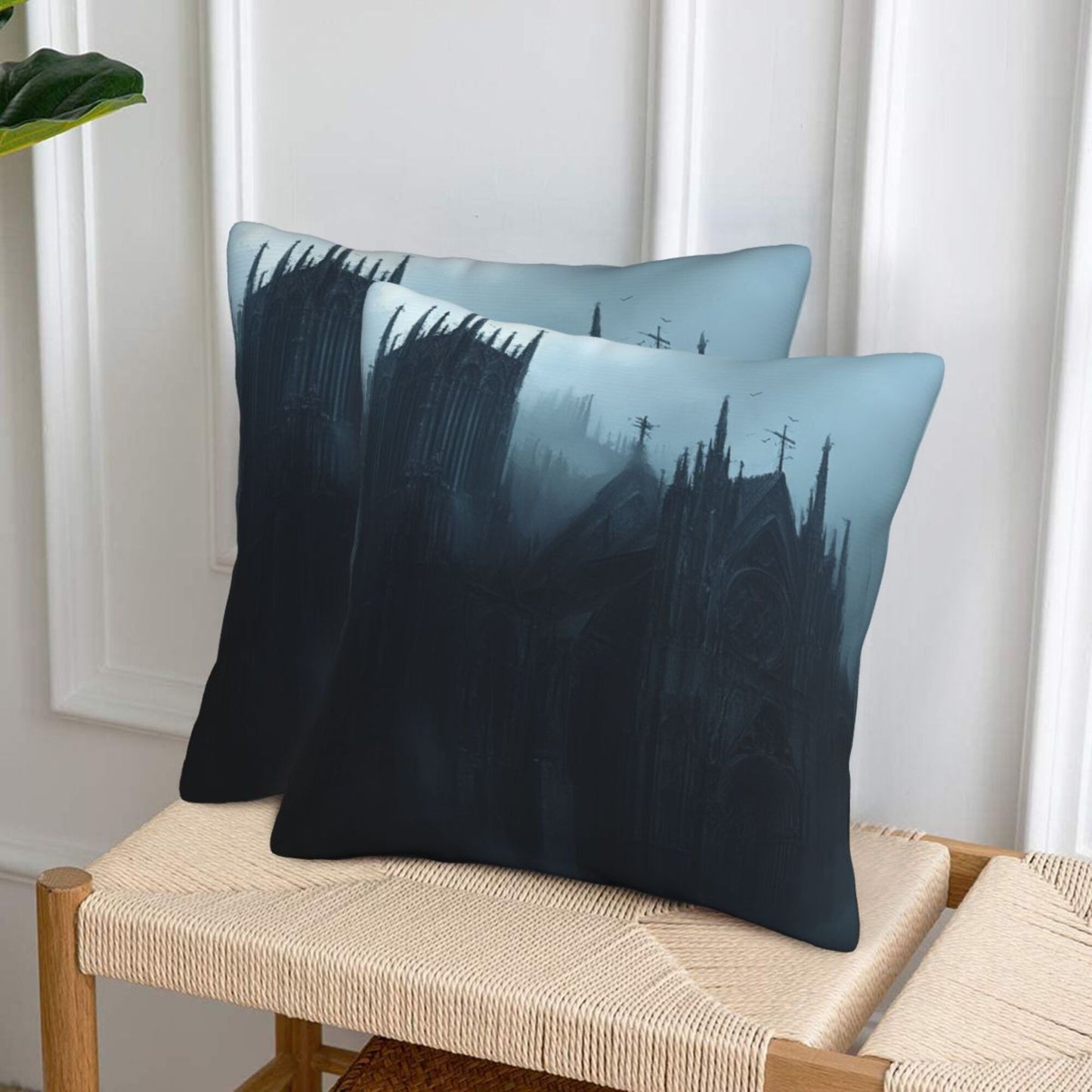 Set of 2 Gothic Castle Pillow Covers – 18x18 Inch Mysterious Cathedral Decorative Cushion Covers for Dark Fantasy Decor (No Inserts)
