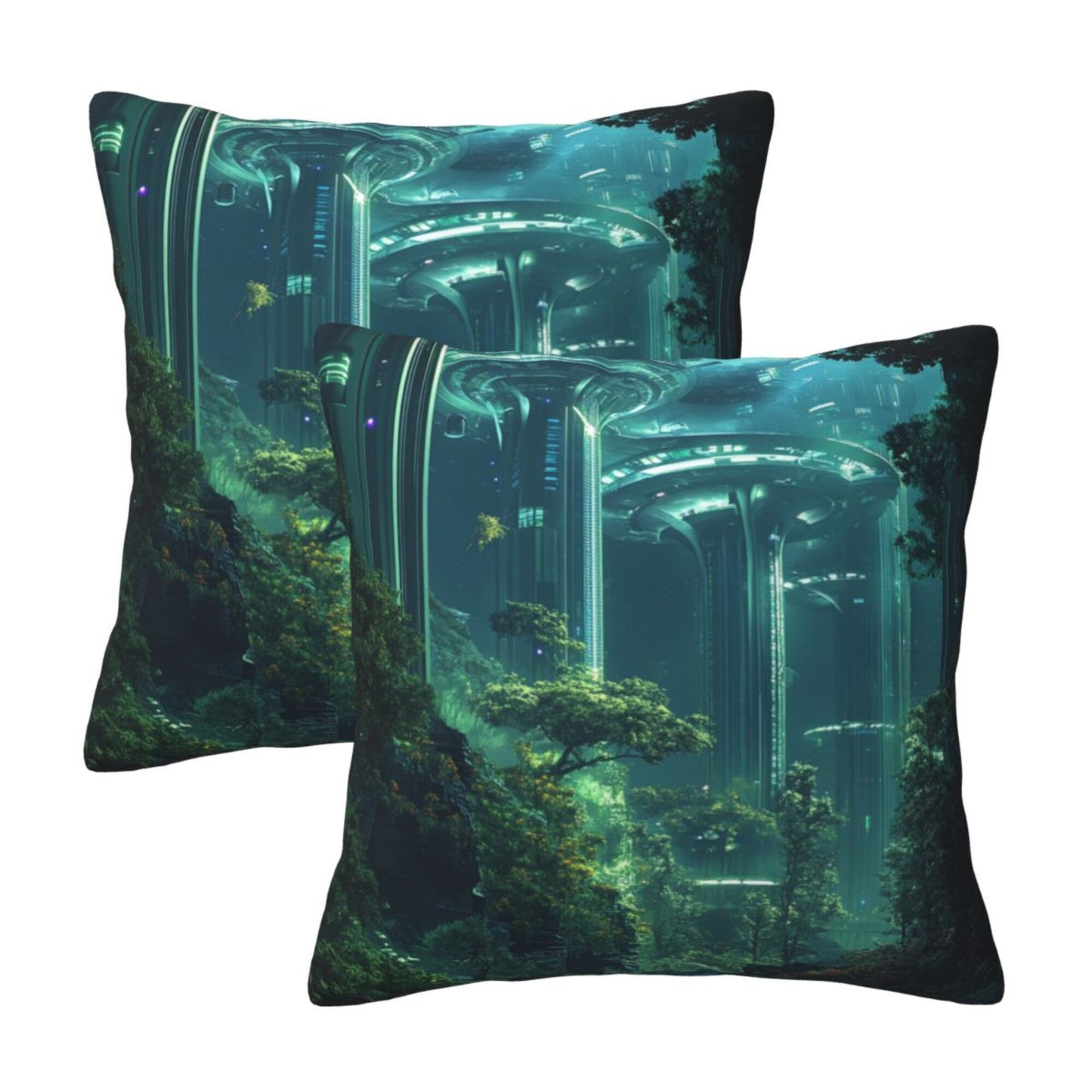Set of 2 Futuristic Sci-Fi Forest Pillow Covers – 18x18 Inch Green Tech City Decorative Cushion Covers for Sofa Couch Bed (No Inserts)