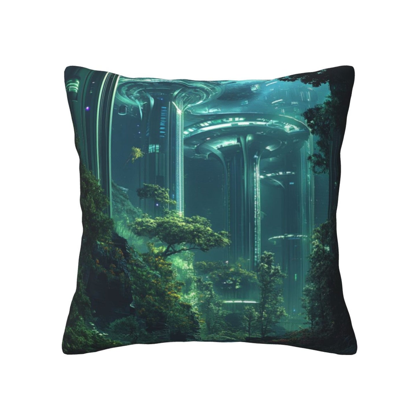 Set of 2 Futuristic Sci-Fi Forest Pillow Covers – 18x18 Inch Green Tech City Decorative Cushion Covers for Sofa Couch Bed (No Inserts)