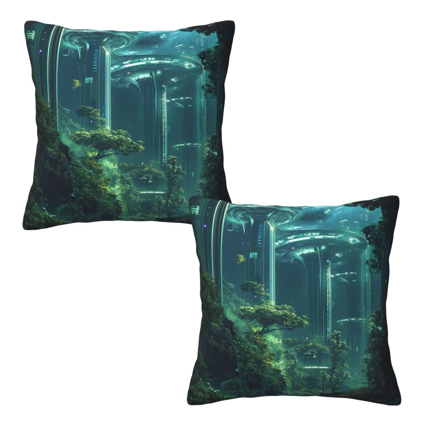 Set of 2 Futuristic Sci-Fi Forest Pillow Covers – 18x18 Inch Green Tech City Decorative Cushion Covers for Sofa Couch Bed (No Inserts)