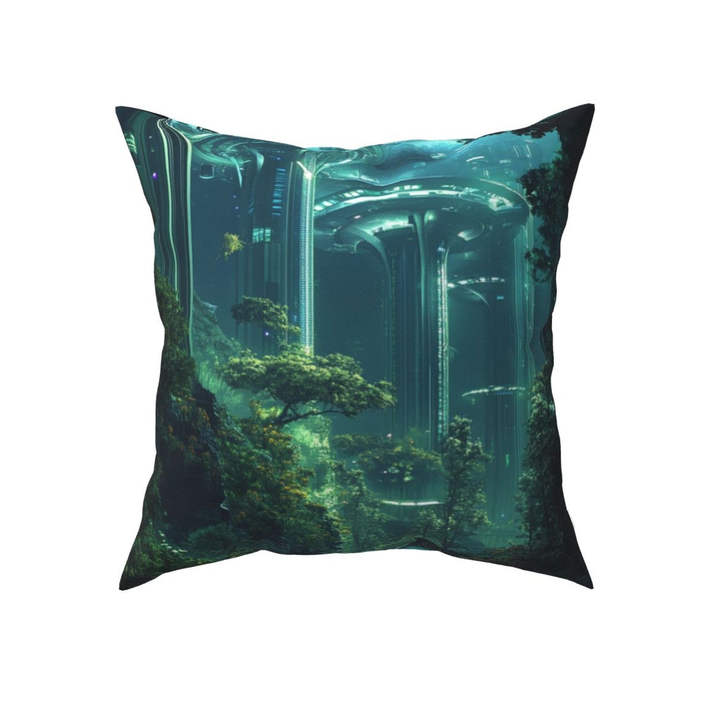 Set of 2 Futuristic Sci-Fi Forest Pillow Covers – 18x18 Inch Green Tech City Decorative Cushion Covers for Sofa Couch Bed (No Inserts)
