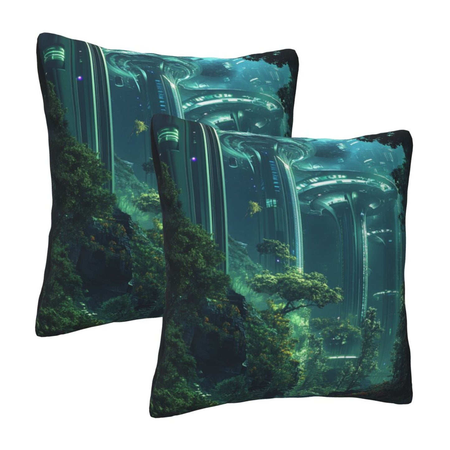 Set of 2 Futuristic Sci-Fi Forest Pillow Covers – 18x18 Inch Green Tech City Decorative Cushion Covers for Sofa Couch Bed (No Inserts)