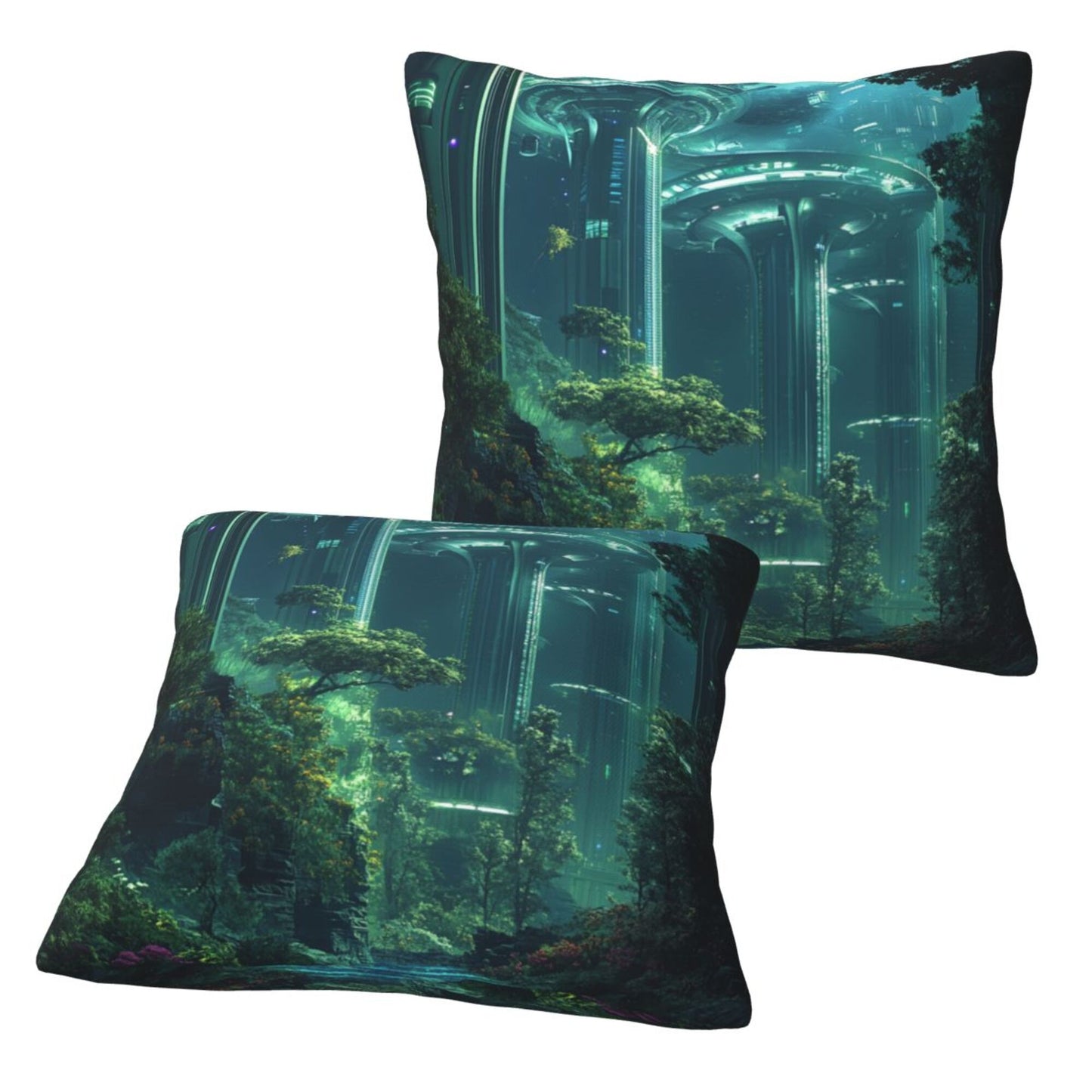 Set of 2 Futuristic Sci-Fi Forest Pillow Covers – 18x18 Inch Green Tech City Decorative Cushion Covers for Sofa Couch Bed (No Inserts)