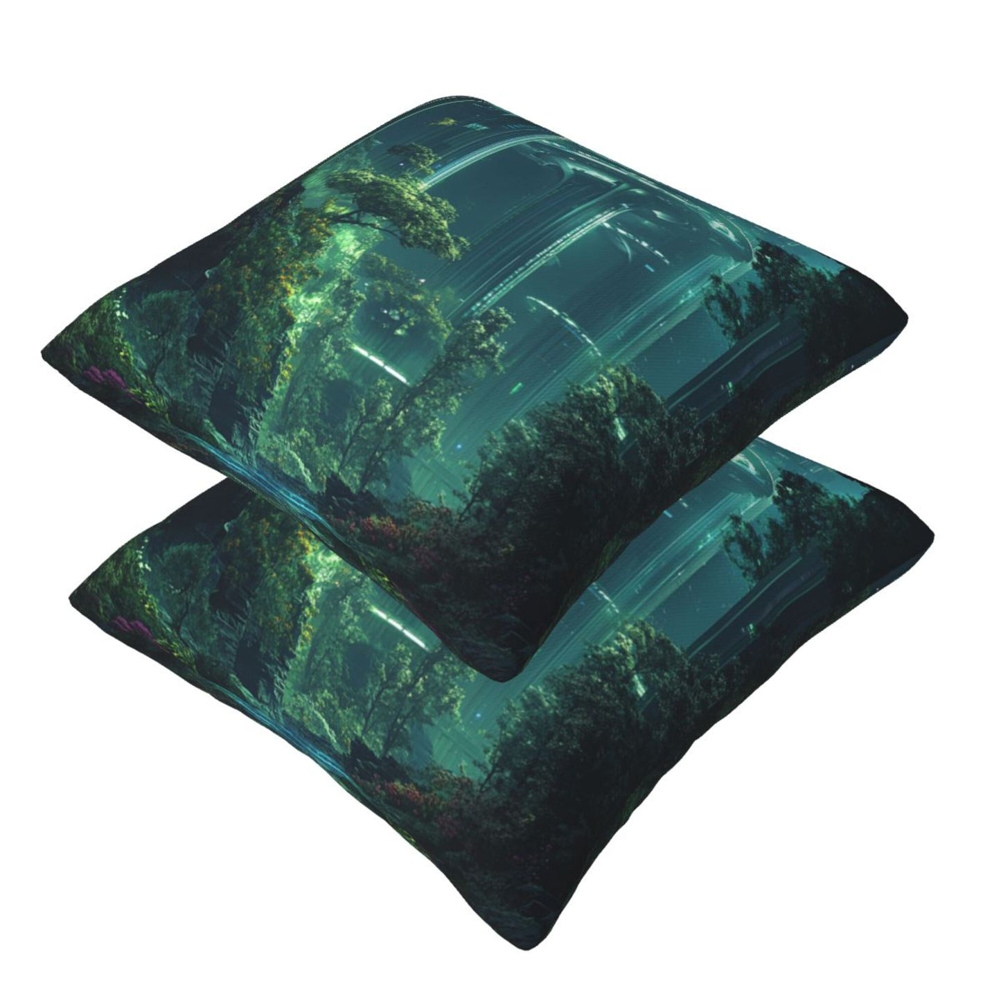 Set of 2 Futuristic Sci-Fi Forest Pillow Covers – 18x18 Inch Green Tech City Decorative Cushion Covers for Sofa Couch Bed (No Inserts)
