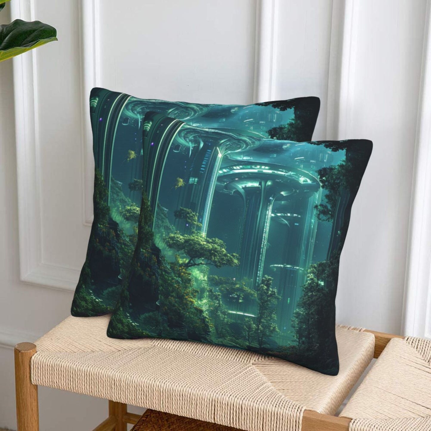 Set of 2 Futuristic Sci-Fi Forest Pillow Covers – 18x18 Inch Green Tech City Decorative Cushion Covers for Sofa Couch Bed (No Inserts)