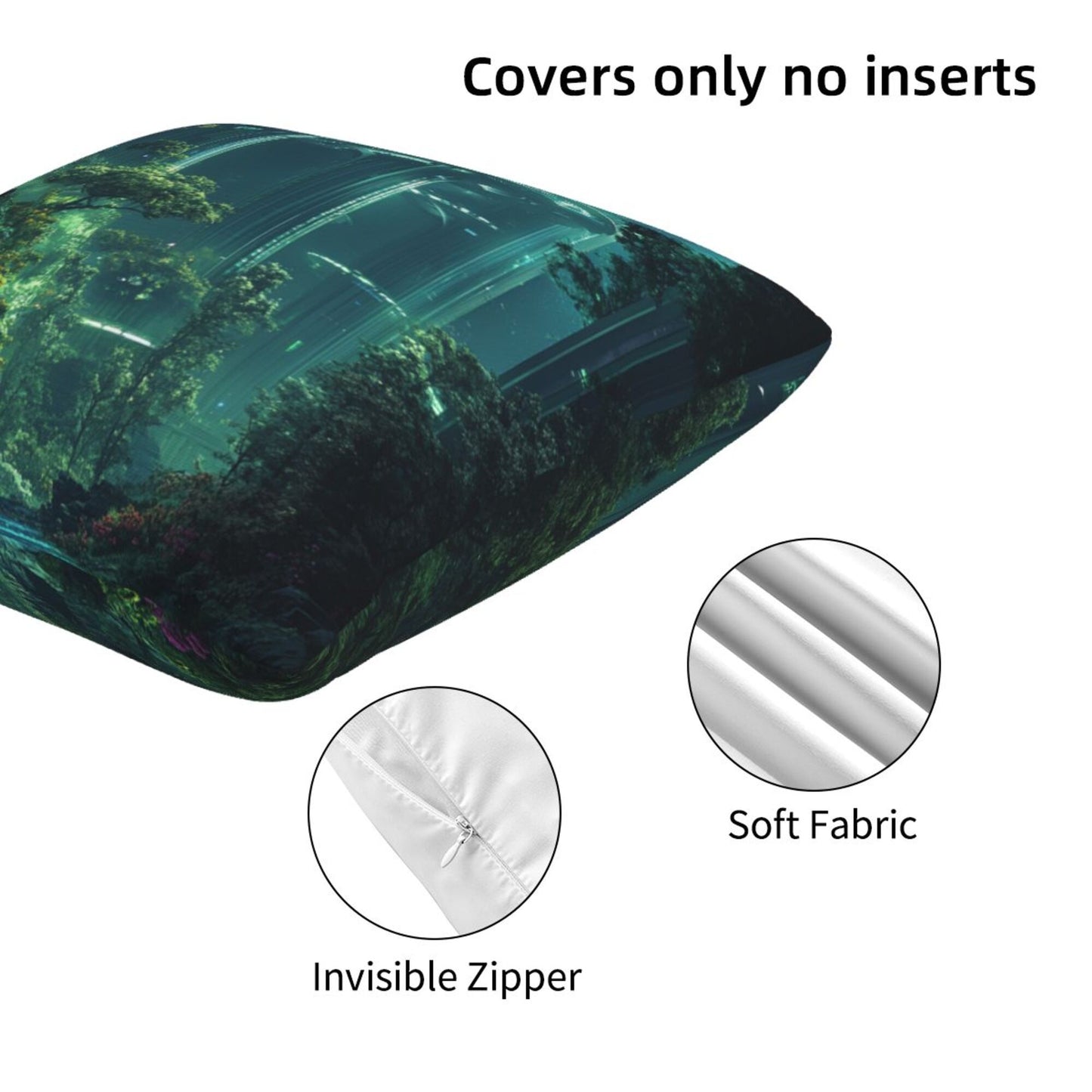 Set of 2 Futuristic Sci-Fi Forest Pillow Covers – 18x18 Inch Green Tech City Decorative Cushion Covers for Sofa Couch Bed (No Inserts)