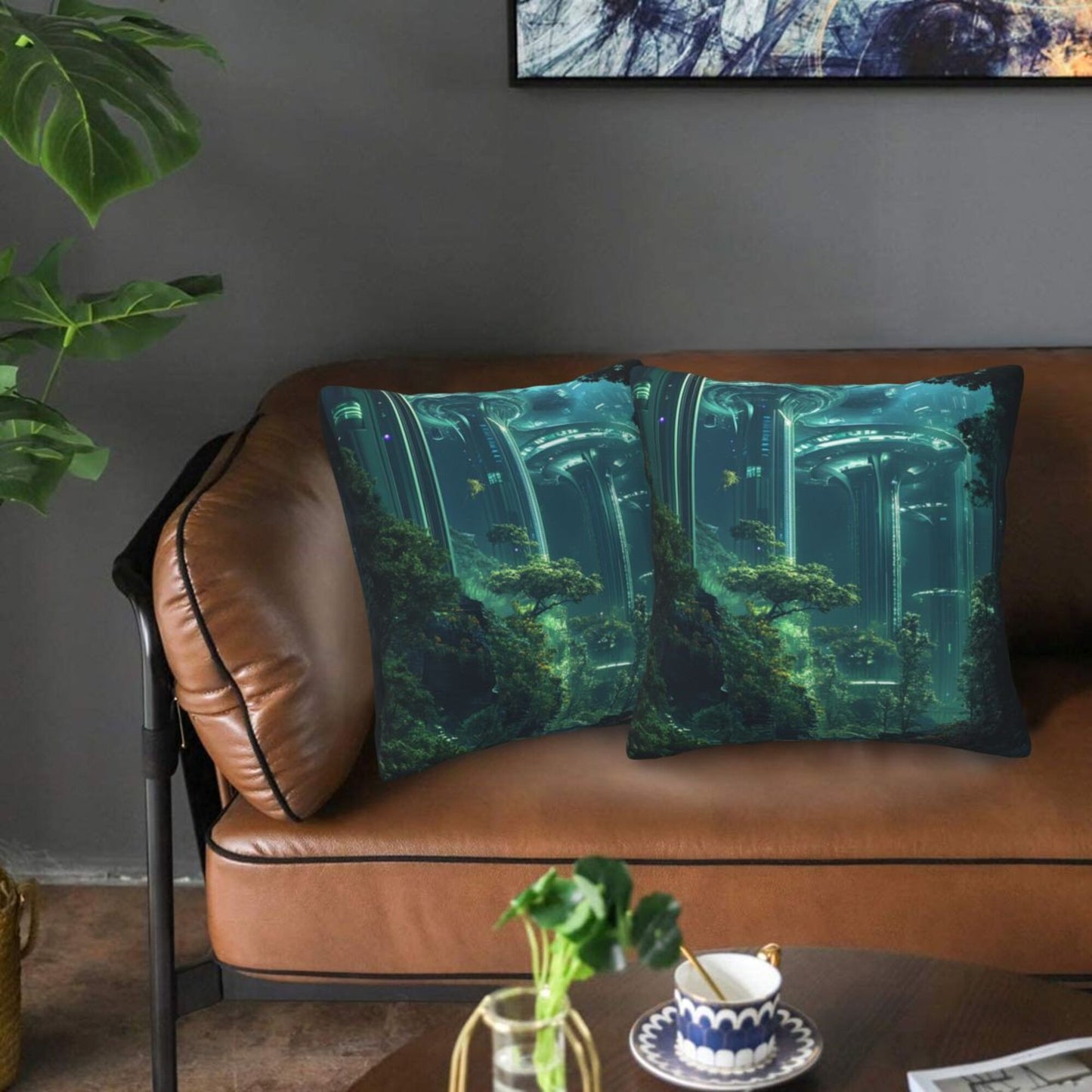 Set of 2 Futuristic Sci-Fi Forest Pillow Covers – 18x18 Inch Green Tech City Decorative Cushion Covers for Sofa Couch Bed (No Inserts)