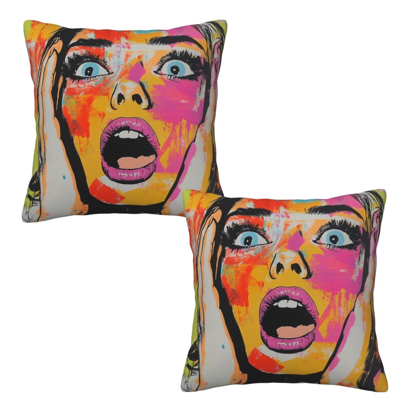 2-Pack Graffiti Art Pillow Covers 18x18 Inch｜Shock Pop Girl Design Throw Pillow Cases｜Bold Street-Style Decorative Cushion Covers