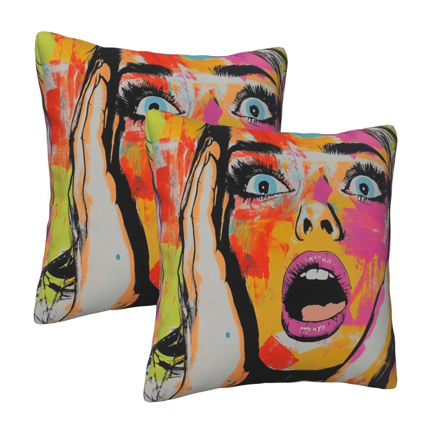 2-Pack Graffiti Art Pillow Covers 18x18 Inch｜Shock Pop Girl Design Throw Pillow Cases｜Bold Street-Style Decorative Cushion Covers