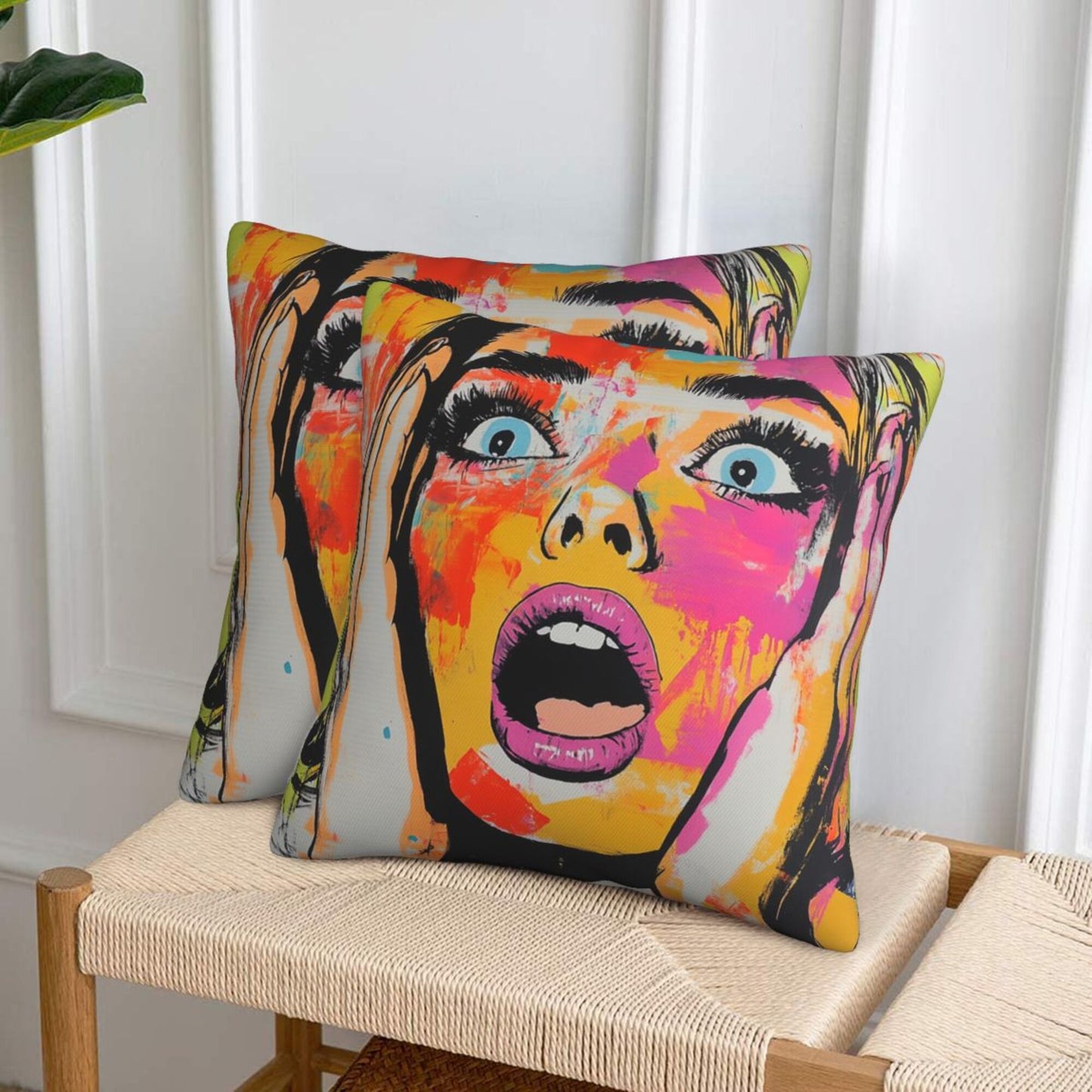 2-Pack Graffiti Art Pillow Covers 18x18 Inch｜Shock Pop Girl Design Throw Pillow Cases｜Bold Street-Style Decorative Cushion Covers
