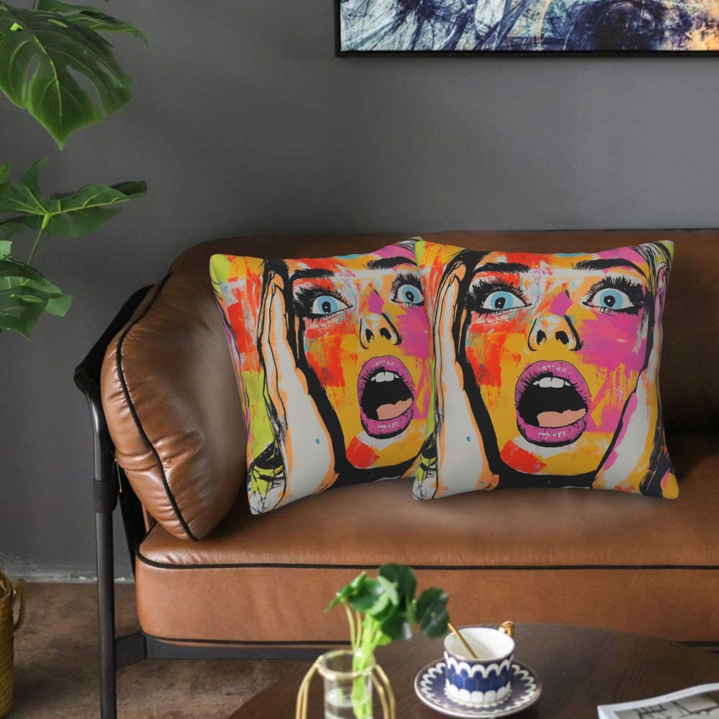 2-Pack Graffiti Art Pillow Covers 18x18 Inch｜Shock Pop Girl Design Throw Pillow Cases｜Bold Street-Style Decorative Cushion Covers