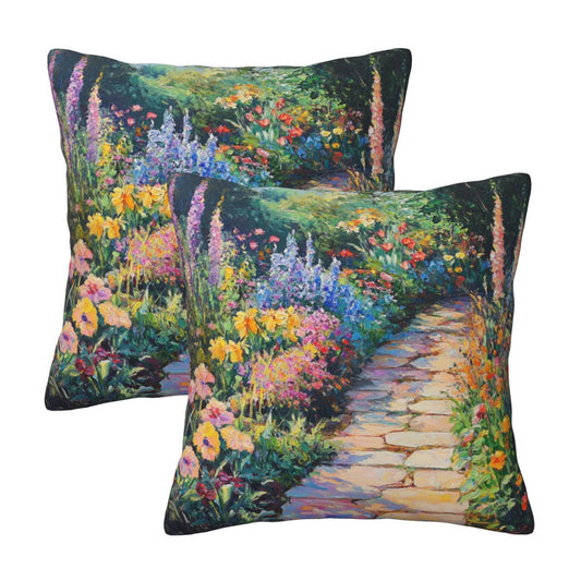 Set of 2 Decorative Pillow Covers – 18x18 Inch Garden Path Oil Painting Style Cushion Cases for Sofa, Bed, Living Room
