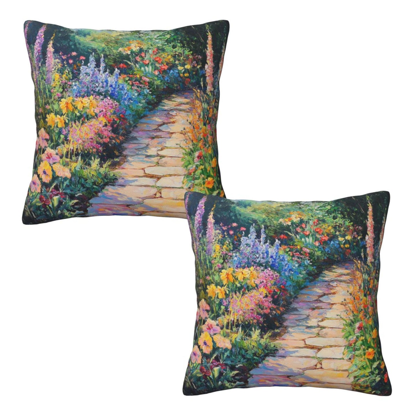 Set of 2 Decorative Pillow Covers – 18x18 Inch Garden Path Oil Painting Style Cushion Cases for Sofa, Bed, Living Room