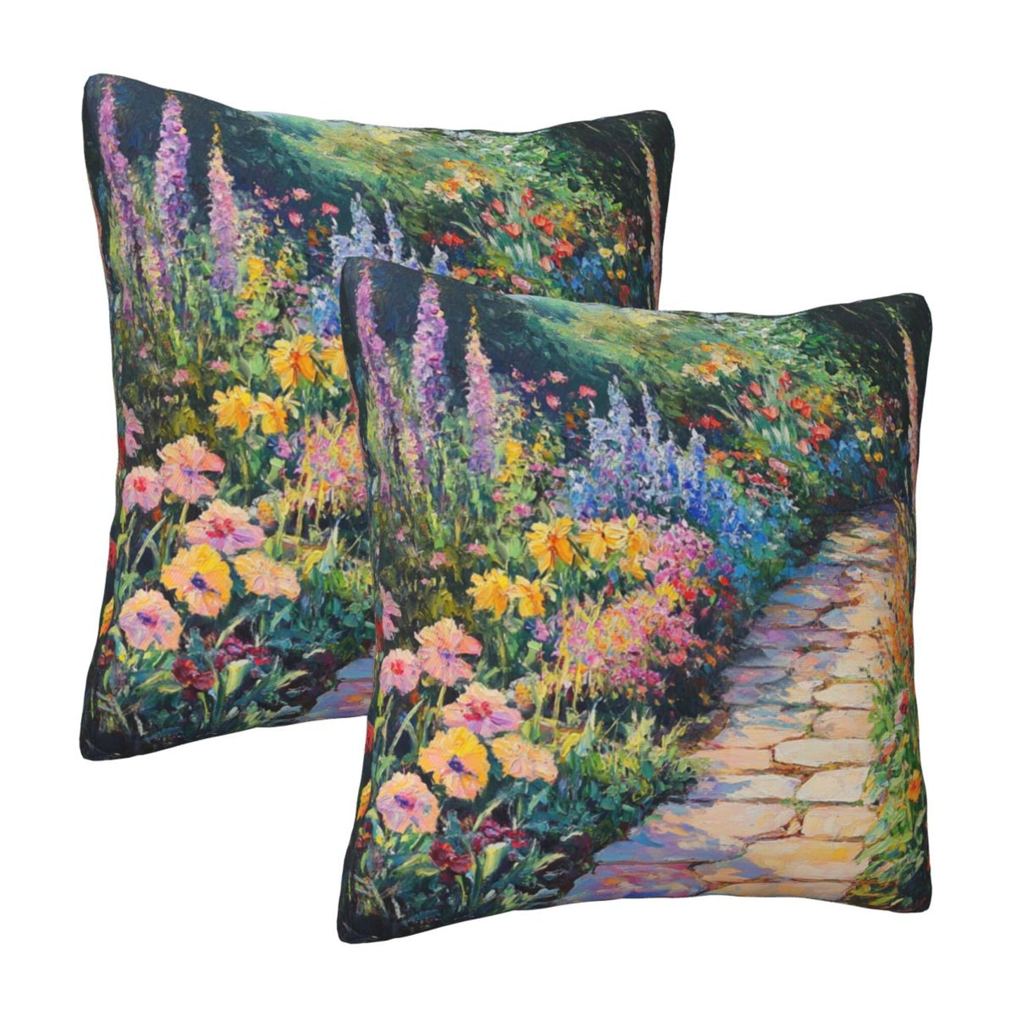Set of 2 Decorative Pillow Covers – 18x18 Inch Garden Path Oil Painting Style Cushion Cases for Sofa, Bed, Living Room