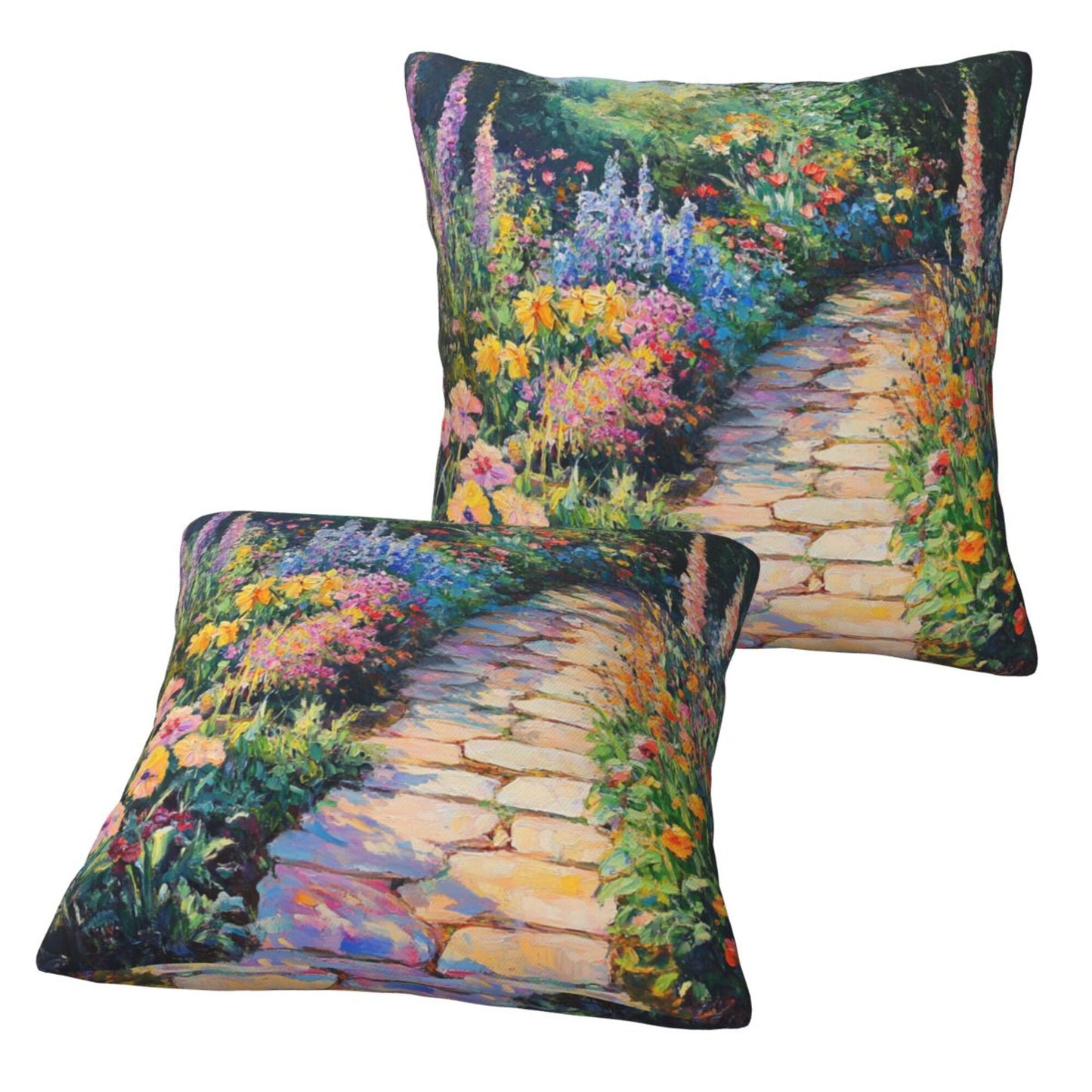 Set of 2 Decorative Pillow Covers – 18x18 Inch Garden Path Oil Painting Style Cushion Cases for Sofa, Bed, Living Room