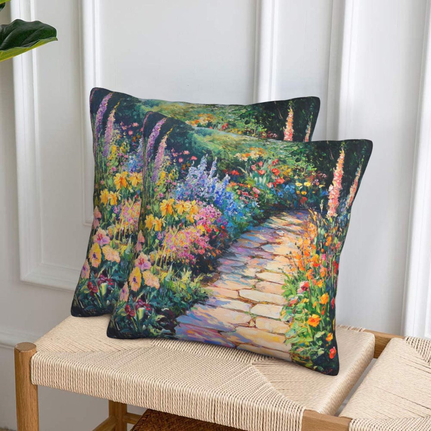 Set of 2 Decorative Pillow Covers – 18x18 Inch Garden Path Oil Painting Style Cushion Cases for Sofa, Bed, Living Room