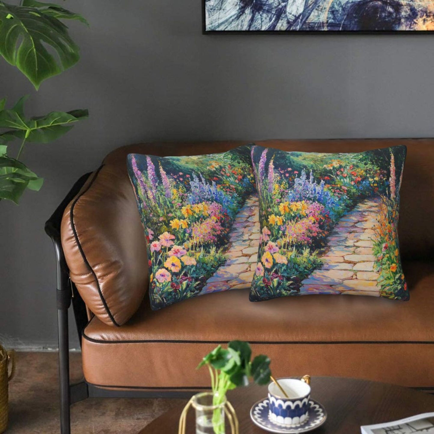 Set of 2 Decorative Pillow Covers – 18x18 Inch Garden Path Oil Painting Style Cushion Cases for Sofa, Bed, Living Room