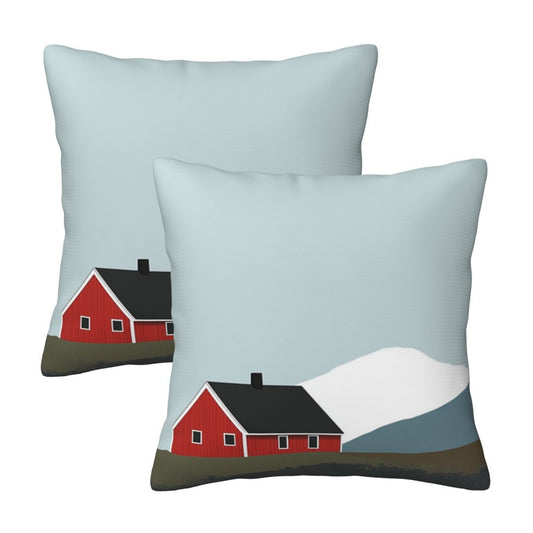 Set of 2 Minimalist Nordic Throw Pillow Covers – 18x18 Inch Red Cabin & Mountain Decorative Cushion Covers for Sofa, Bed, and Living Room (No Insert Included)