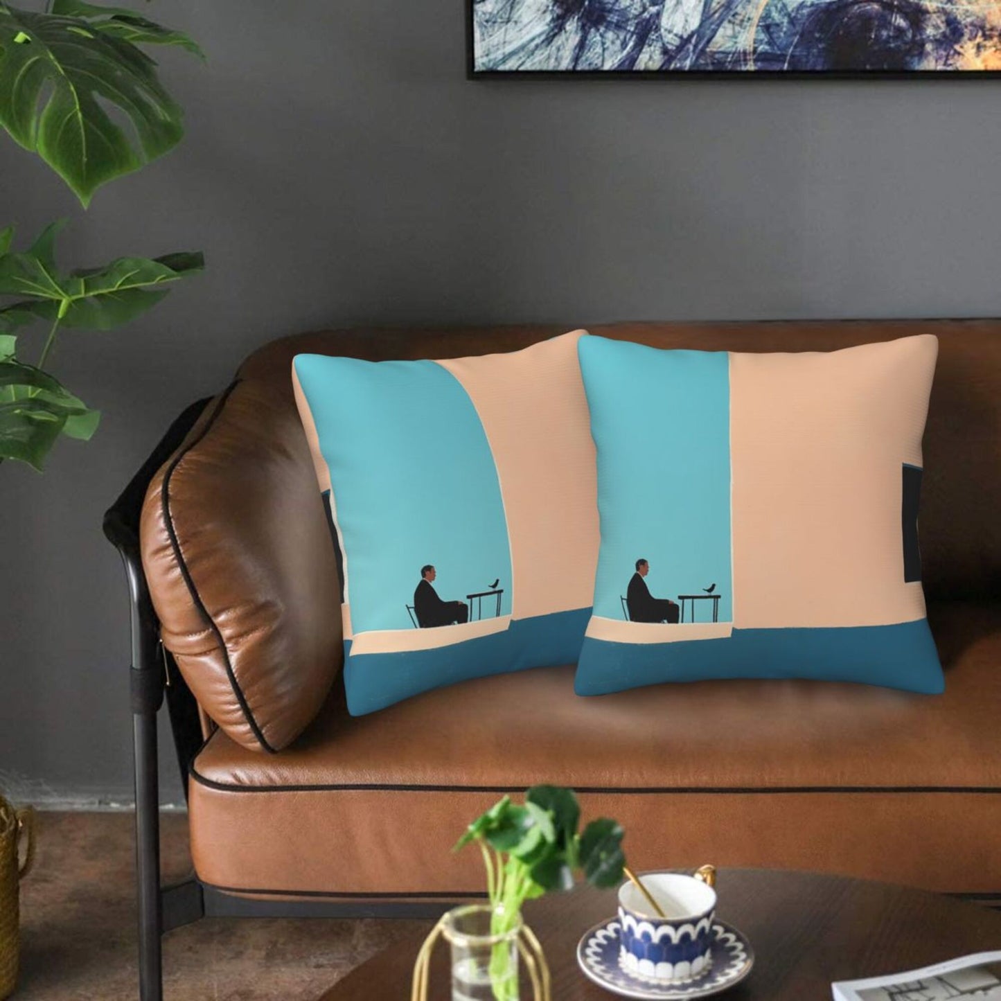 Set of 2 Modern Minimalist Art Throw Pillow Covers – 18x18 Inch Decorative Cushion Covers with Man & Bird Illustration for Sofa, Bed, and Living Room (No Insert Included)