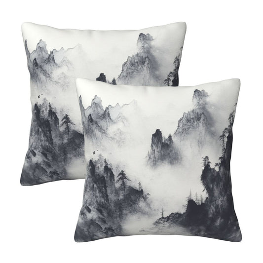 Set of 2 Ink Landscape Style Pillow Covers – 18x18 Inches Chinese Watercolor Mountains Decorative Throw Pillowcases for Sofa and Bed (No Inserts)