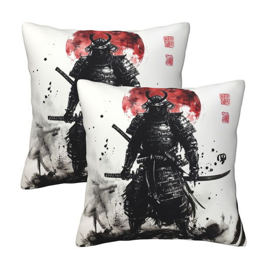 Set of 2 Samurai Ink Art Pillow Covers – 18x18 Inch Warrior Style Throw Pillowcases for Sofa, Bed or Studio (No Inserts)